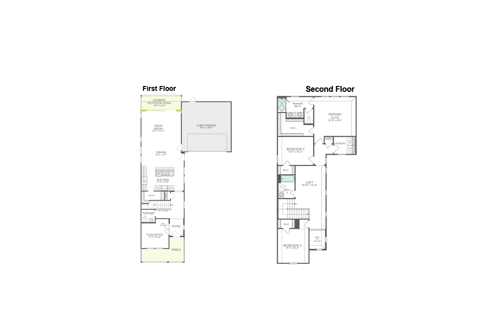 Two detailed architectural floor plans for a first and second floor are centered against a plain white background.