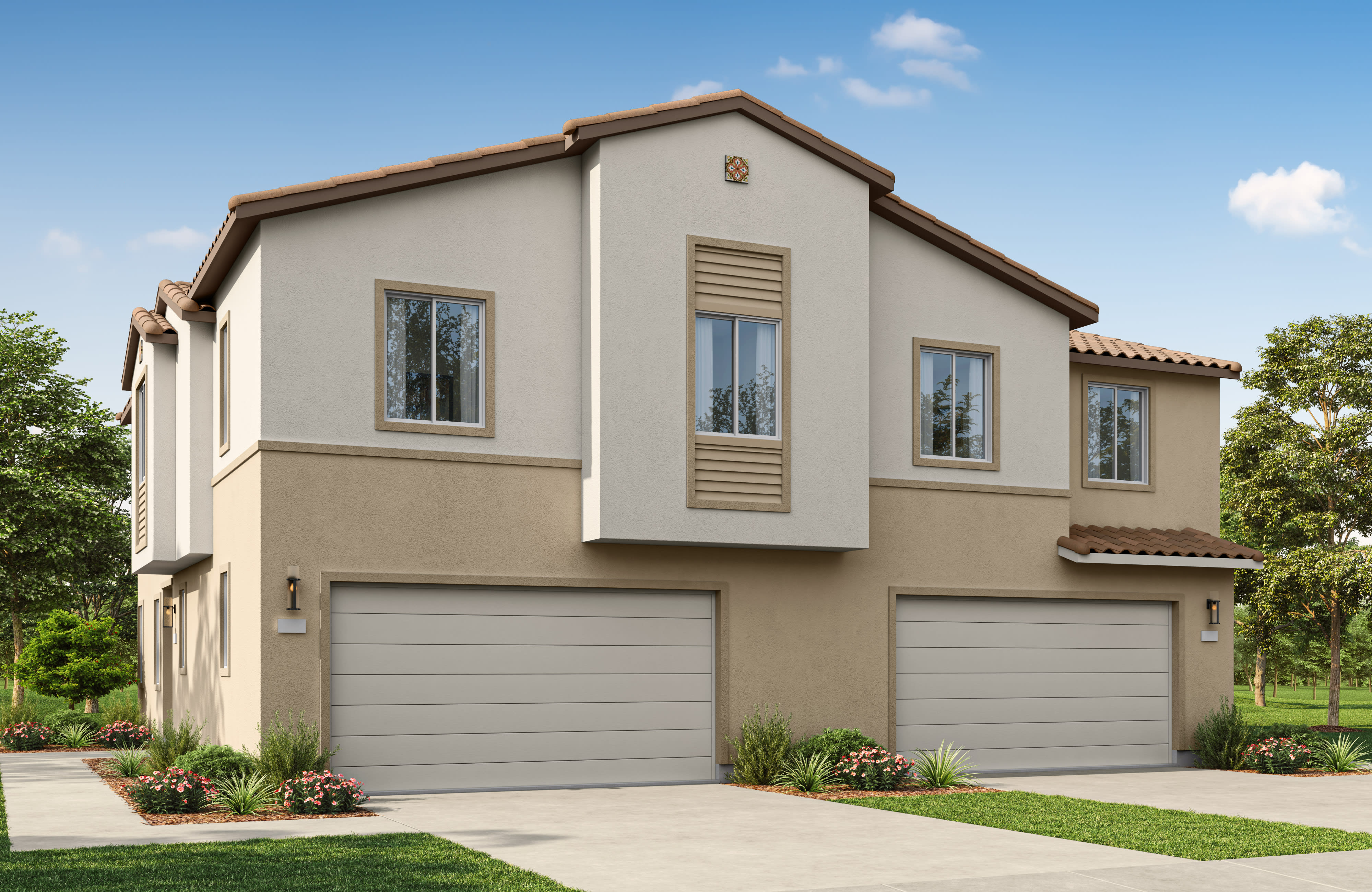 A modern two-story house with two garages stands in the foreground against a clear blue sky with light clouds in the background.