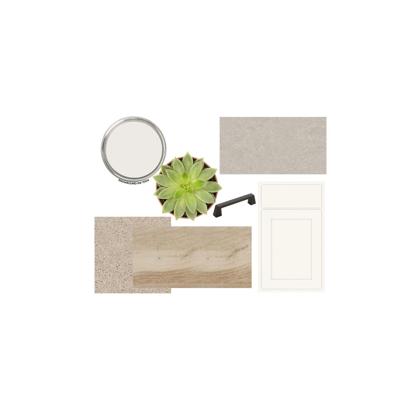 A mood board featuring a paint can, a succulent, material samples, and a cabinet door is set against a plain white background.