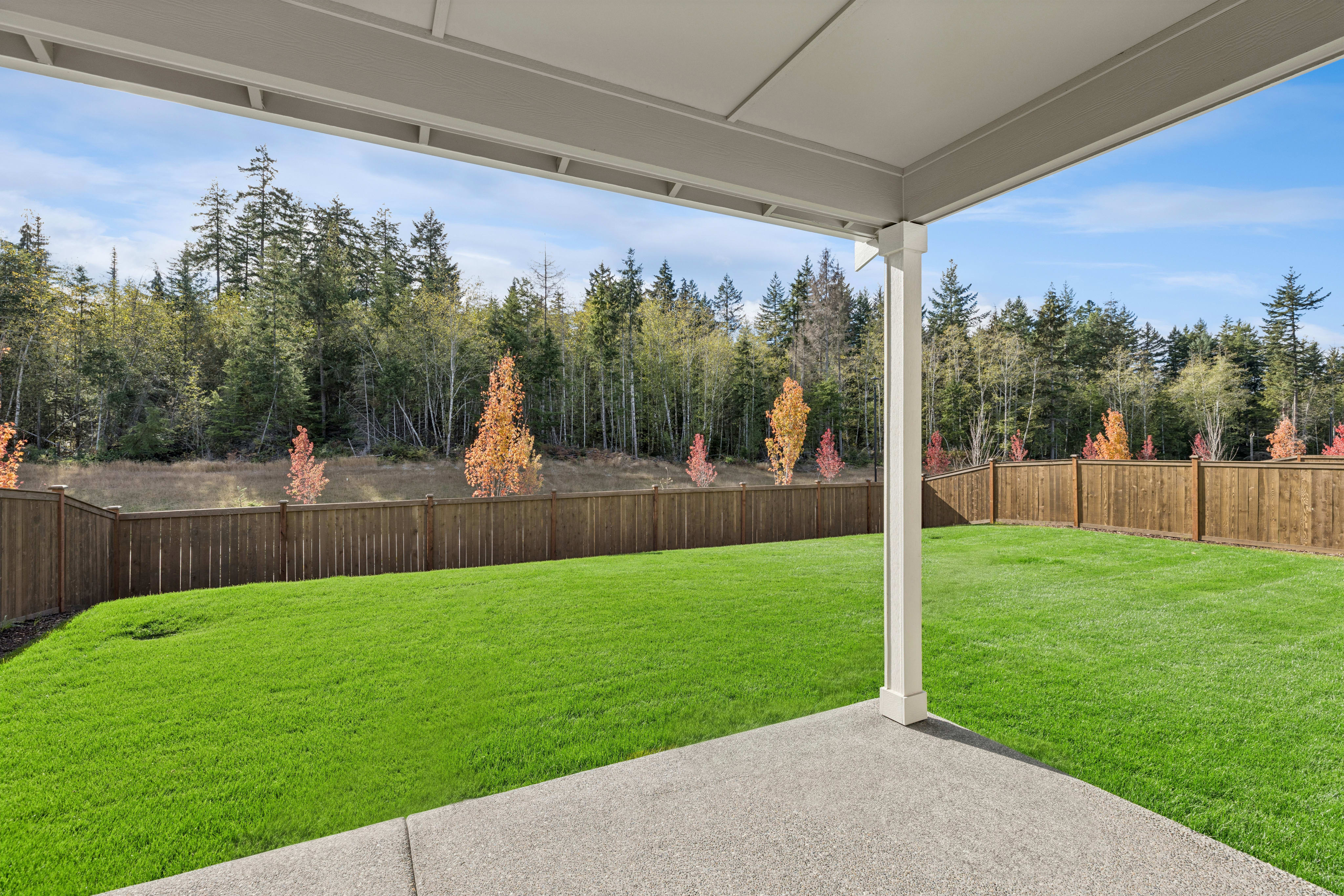 A concrete patio and lush green lawn are enclosed by a wooden fence, with a dense forest of evergreen and autumn-colored trees in the background.