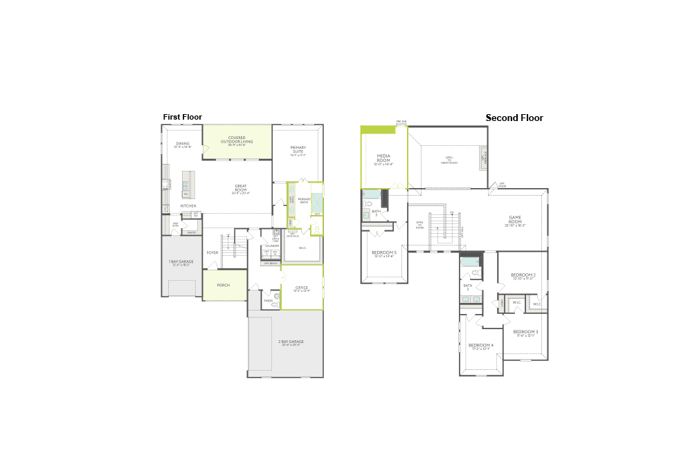 Two detailed architectural floor plans for a first and second floor are displayed side-by-side against a plain white background.