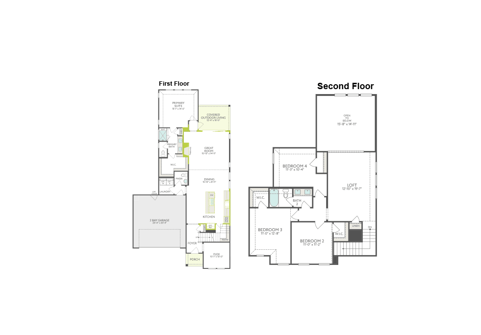 Two detailed architectural floor plans for a first and second floor are displayed against a plain white background.