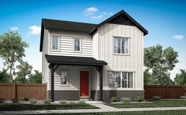 A two-story white and gray wooden house with a red front door, surrounded by trees and a wooden fence in the foreground.