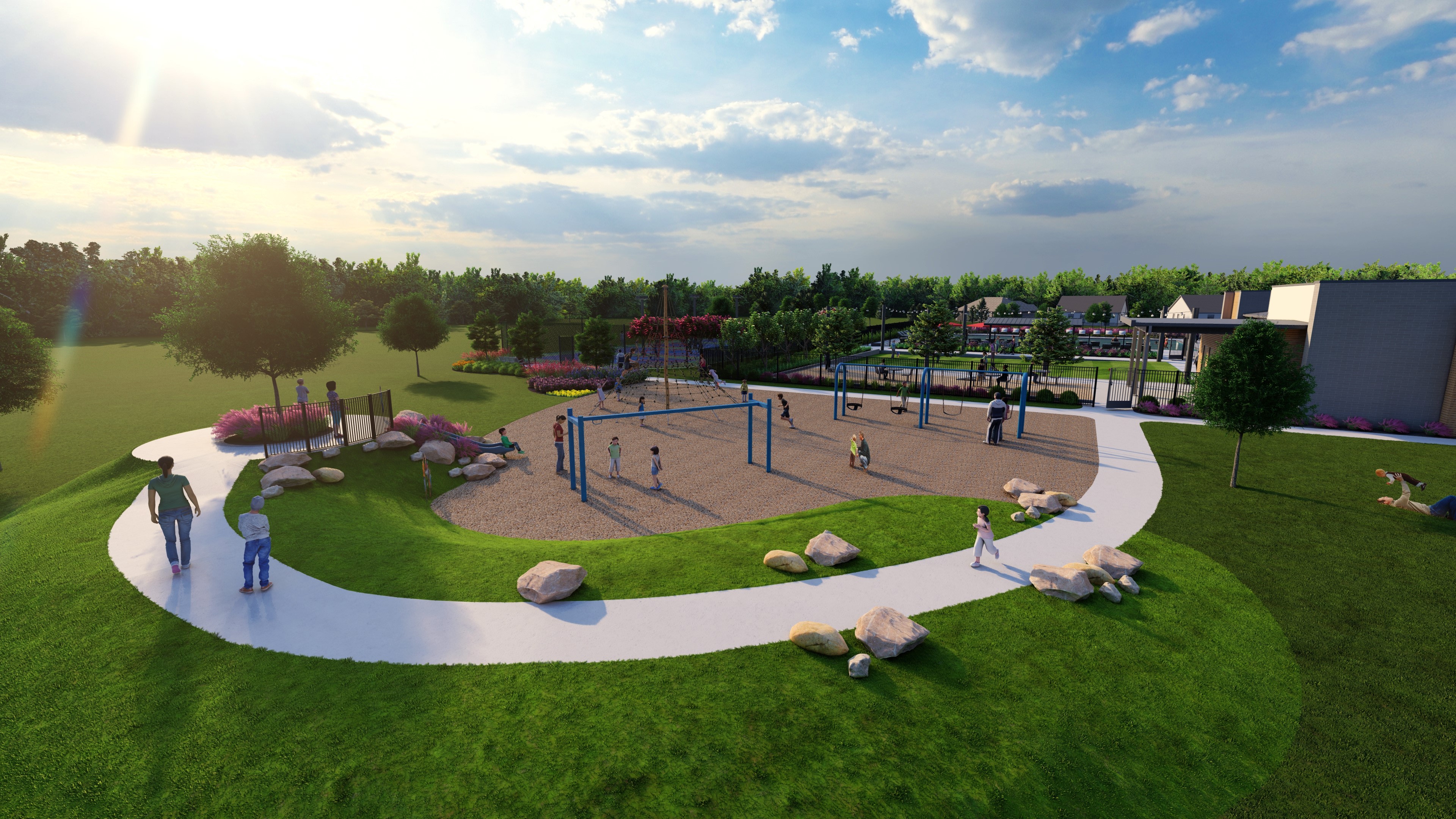 A lush green park with a playground, surrounded by trees and buildings, under a bright, cloudy sky.