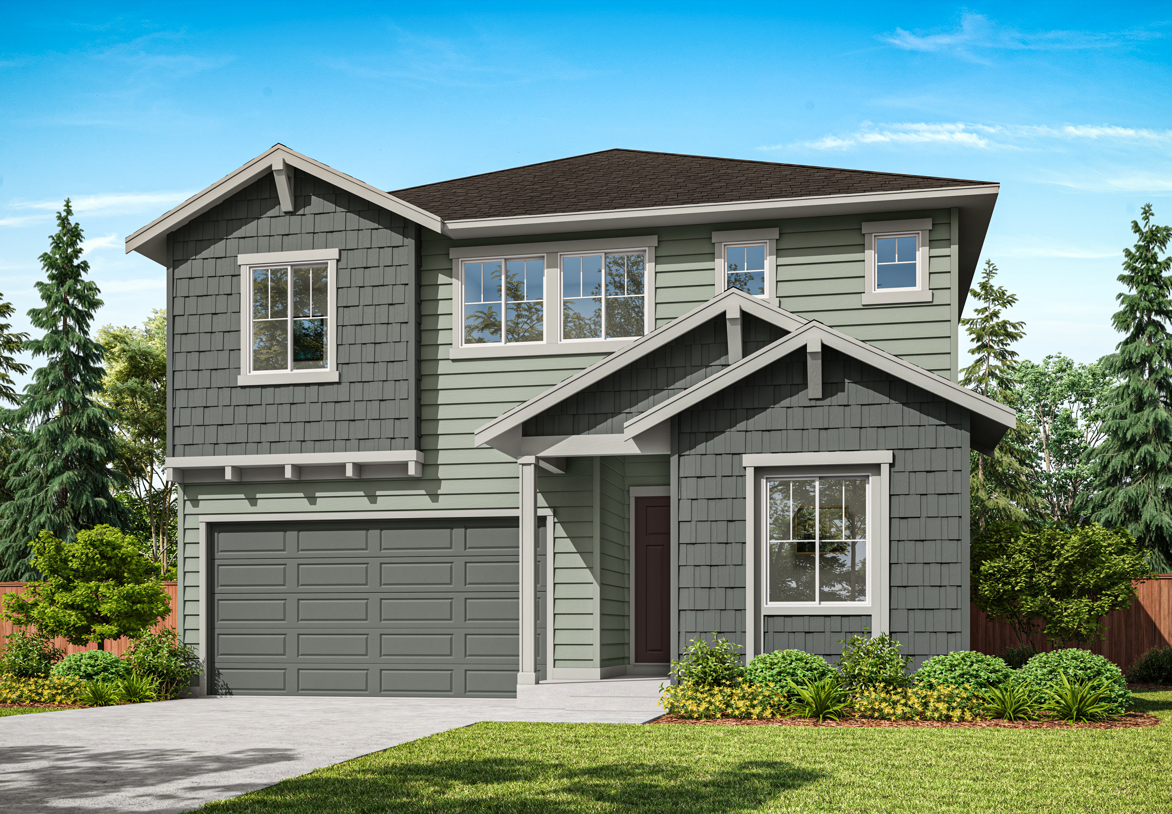A two-story gray house with a garage, surrounded by lush greenery and a clear blue sky in the background.