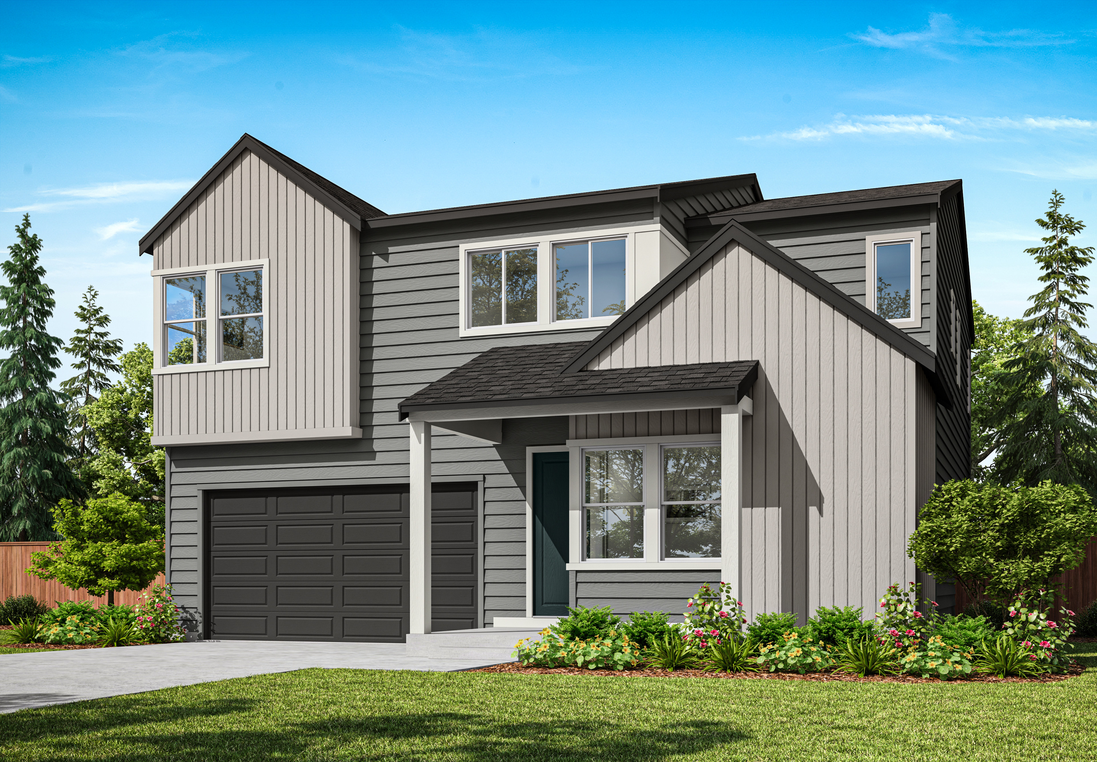 A modern two-story house with a garage, surrounded by lush greenery and a clear blue sky.