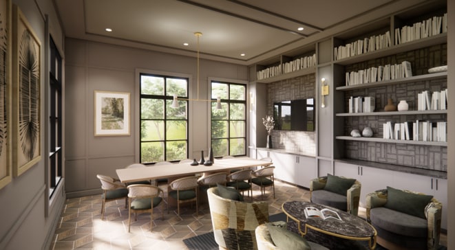 A cozy and inviting dining area with a wooden table and chairs, surrounded by built-in bookshelves and large windows overlooking a scenic outdoor view.