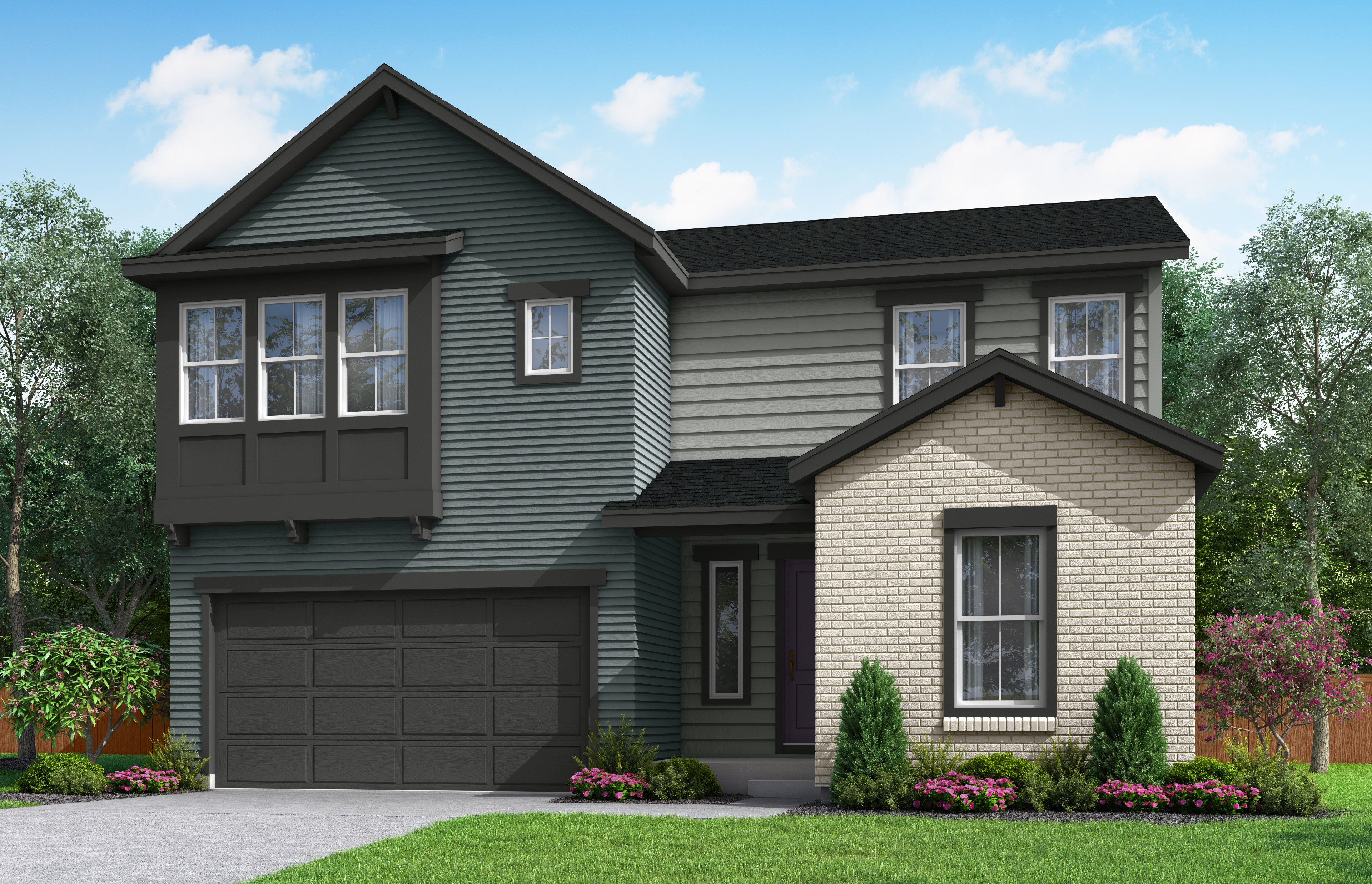 A two-story house with a garage, surrounded by a well-manicured lawn and landscaping, stands against a backdrop of a blue sky with fluffy white clouds.