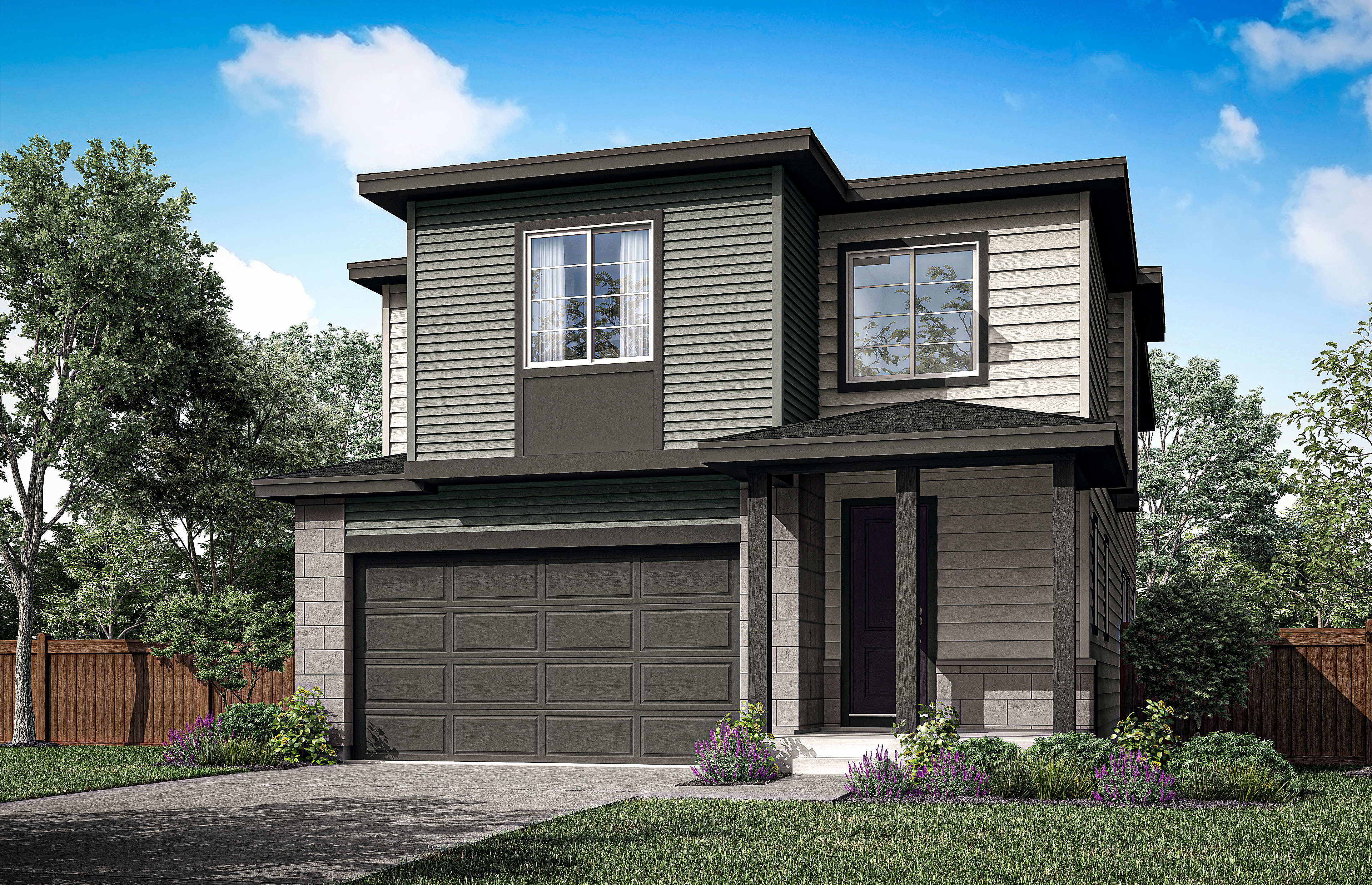 A modern two-story house with a garage, surrounded by lush greenery and a clear blue sky in the background.