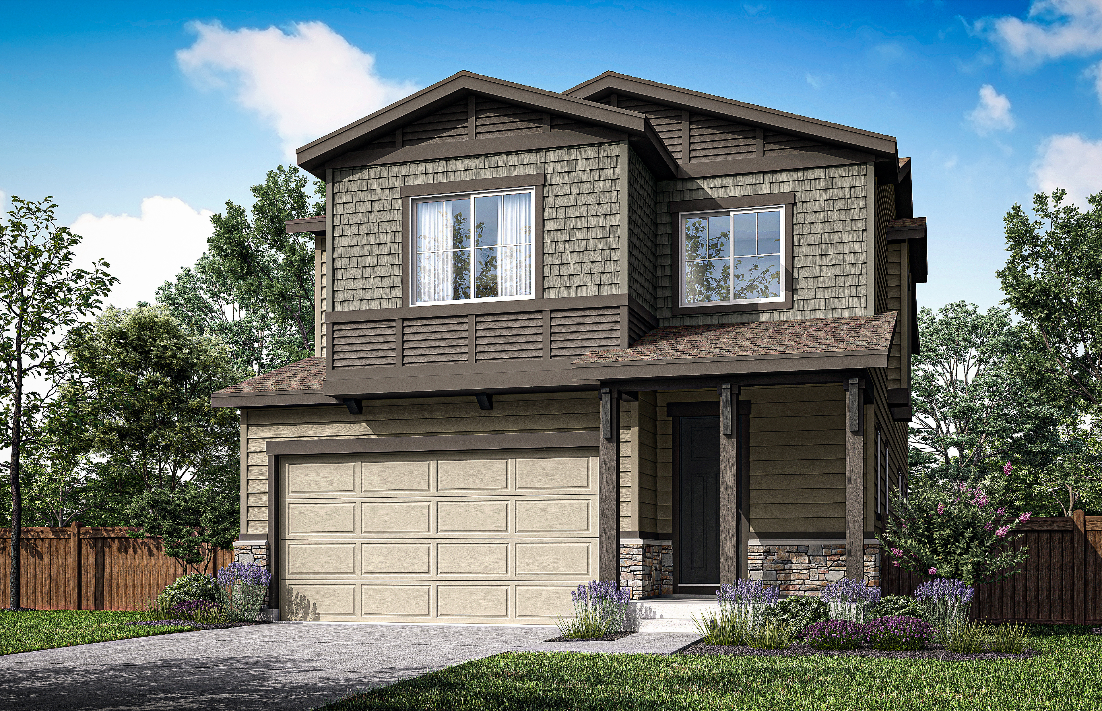 A two-story residential house with a garage, surrounded by trees and a grassy yard in the foreground.