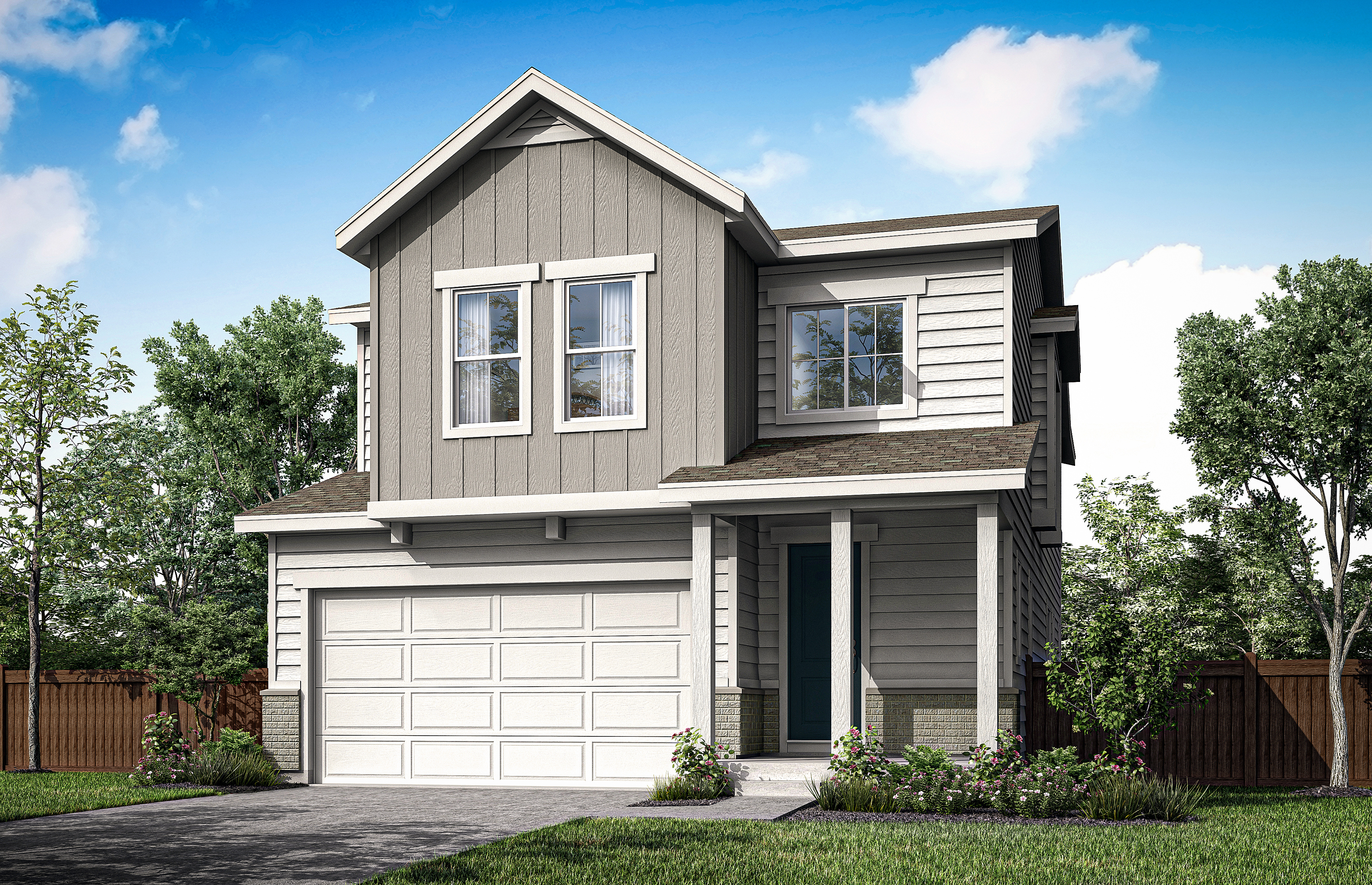 A modern two-story house with a gray exterior, a garage, and a well-manicured lawn surrounded by trees in the background.