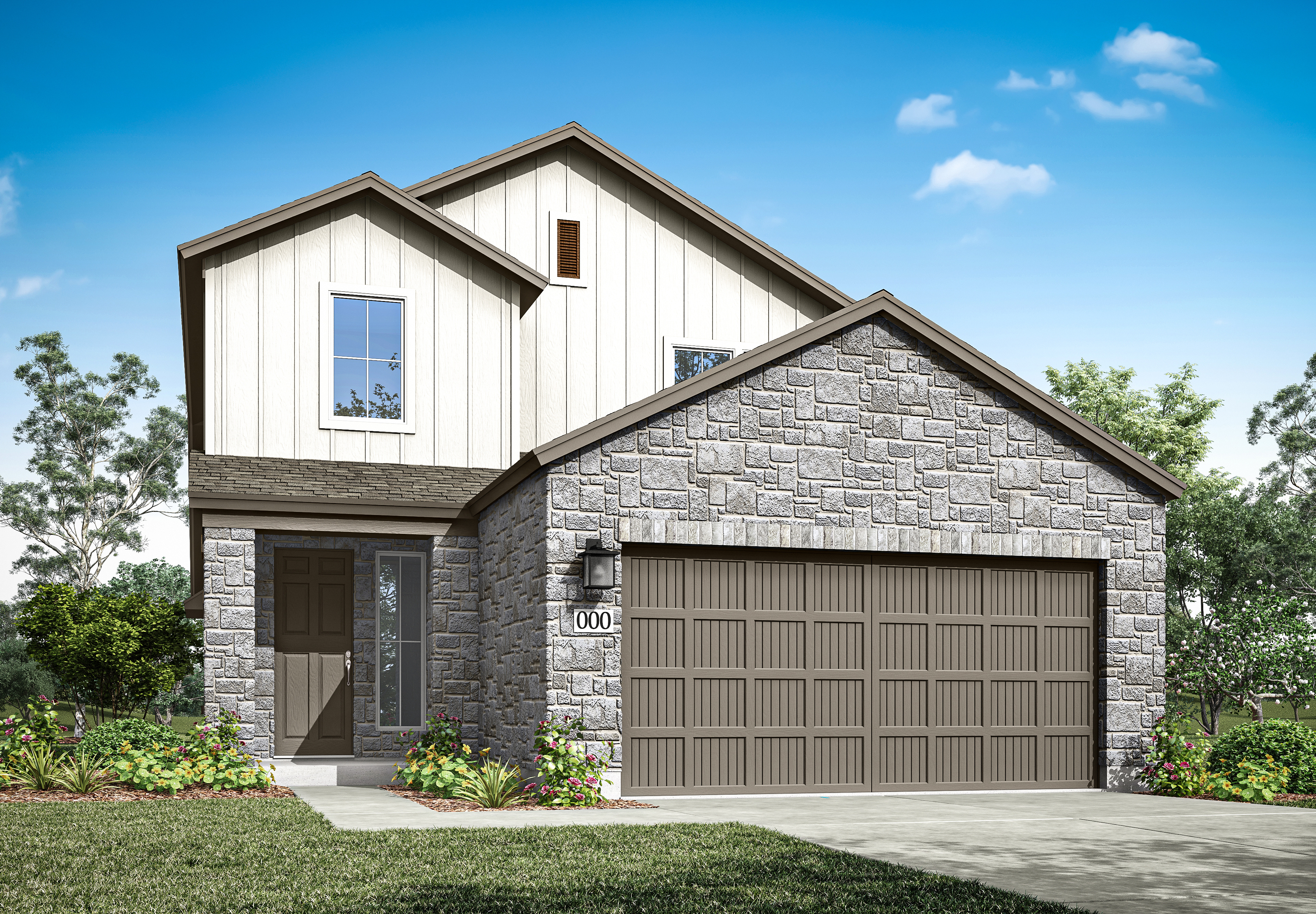 A two-story house with a stone exterior, a garage door, and a well-manicured lawn surrounded by trees against a bright blue sky with fluffy white clouds.