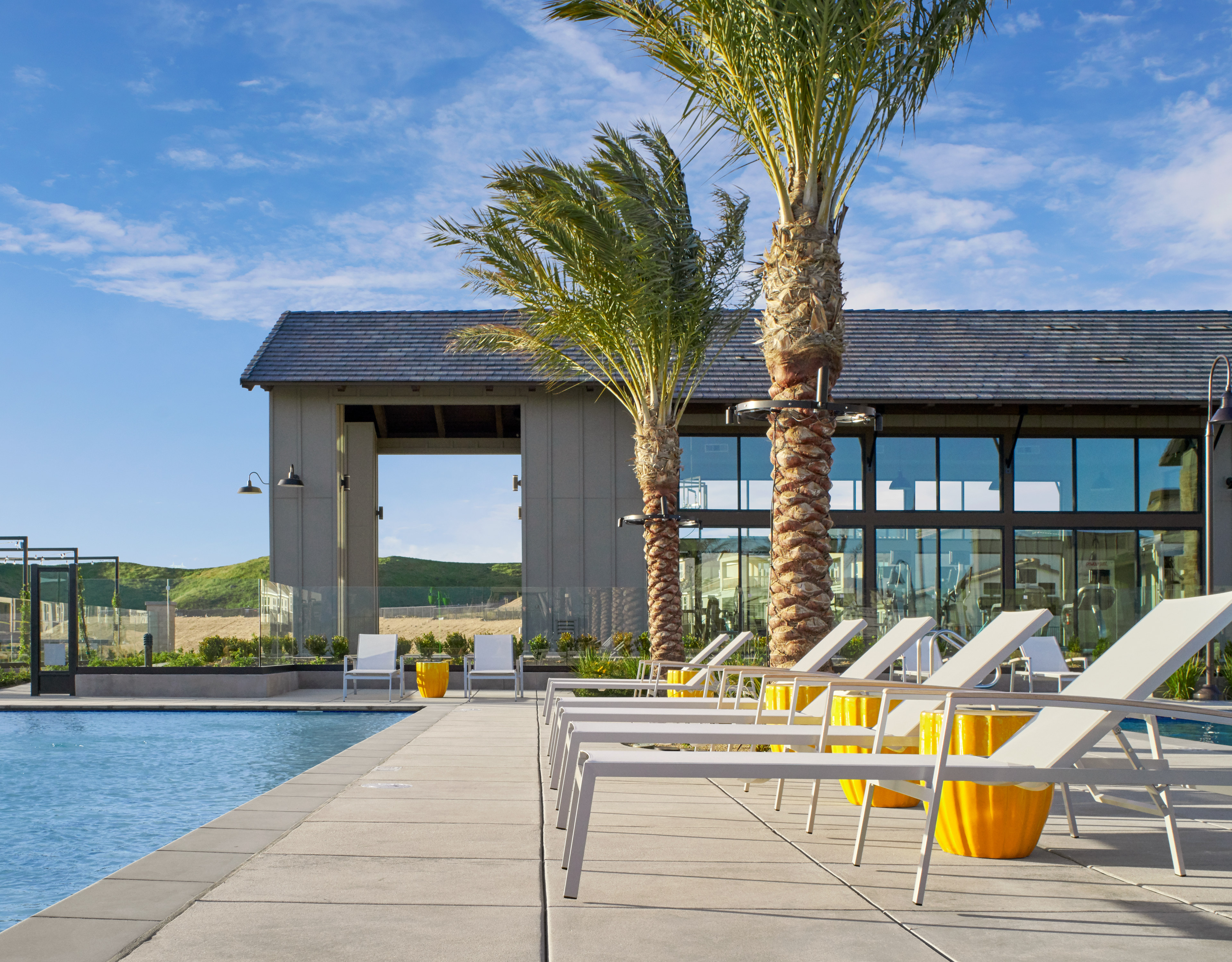 A modern outdoor pool area with palm trees, lounge chairs, and a glass-walled building in the background against a clear blue sky.