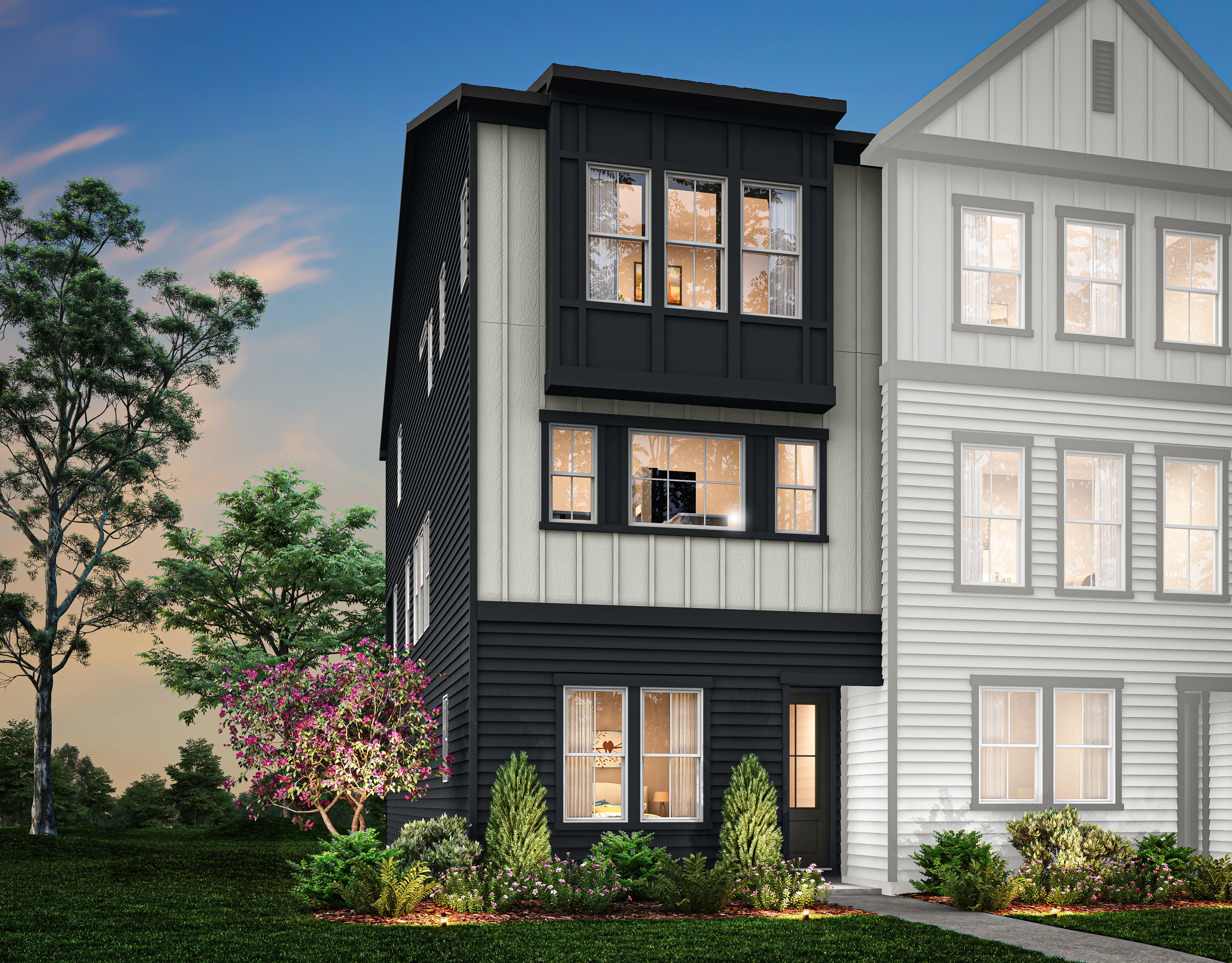 A multi-story residential building with a modern, black and white exterior design, surrounded by lush greenery and a vibrant sunset sky in the background.