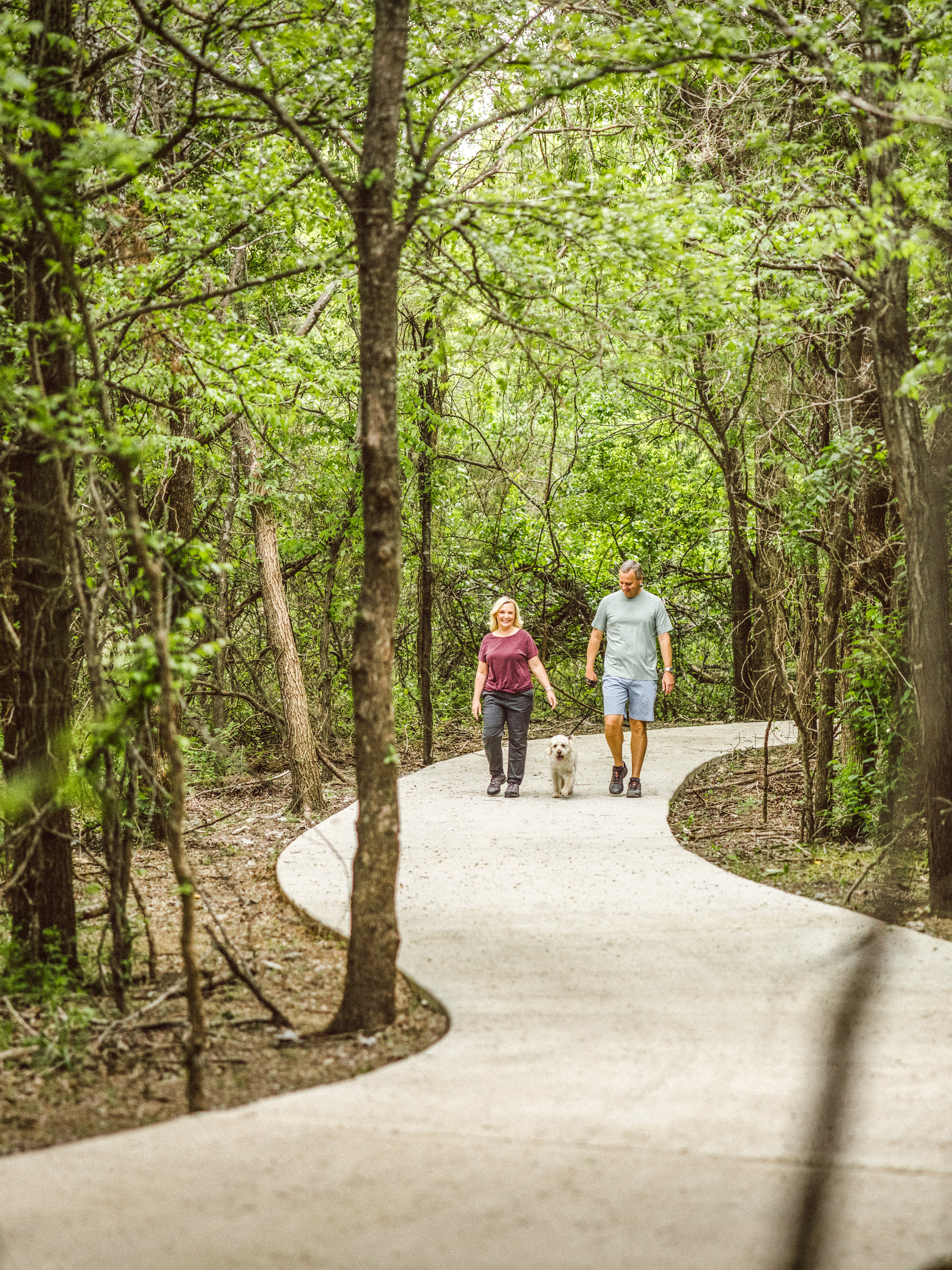A winding path through a lush, green forest, with two people walking along it.