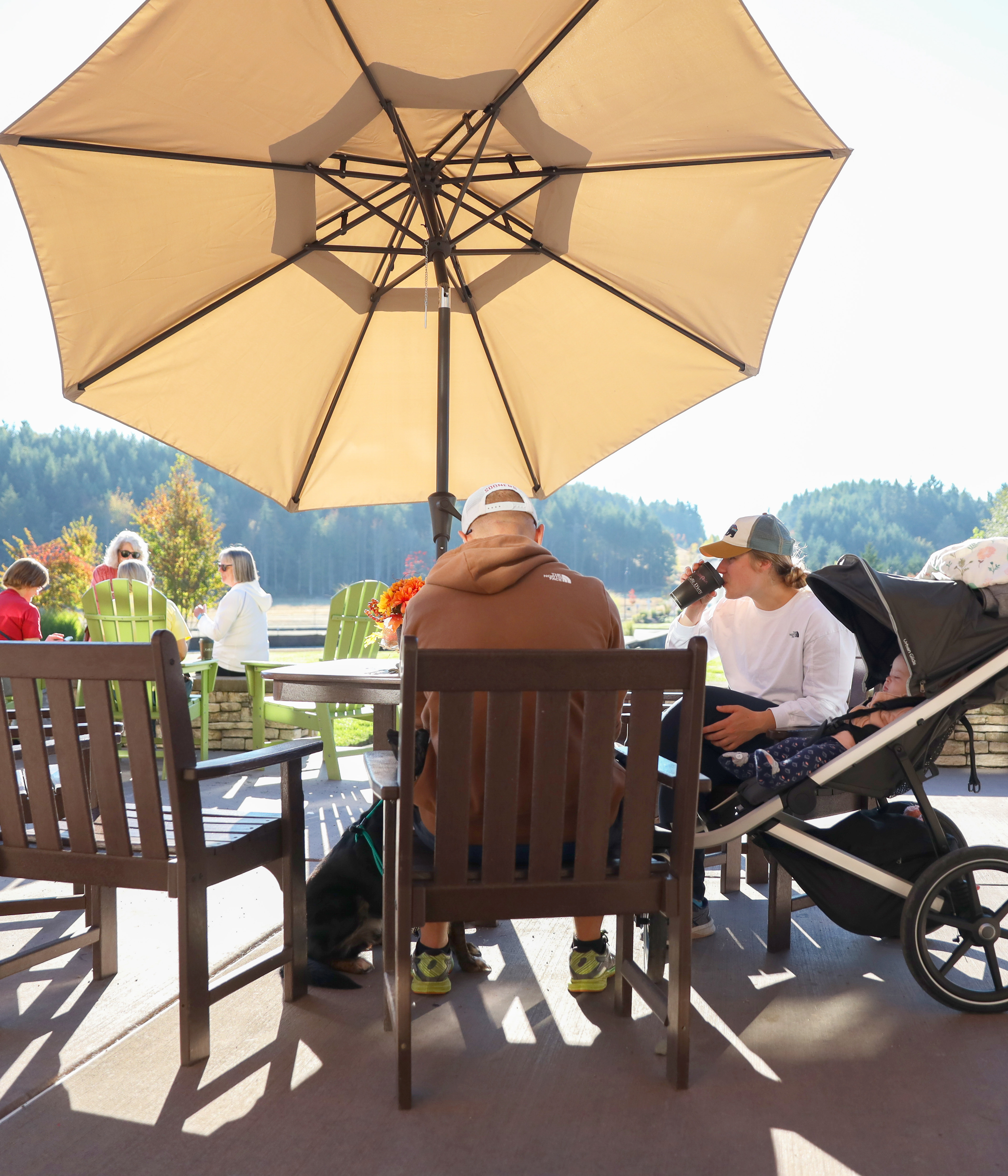A wooden patio with tables, chairs, and a large beige umbrella in the foreground, surrounded by a scenic outdoor setting with trees and mountains in the background.