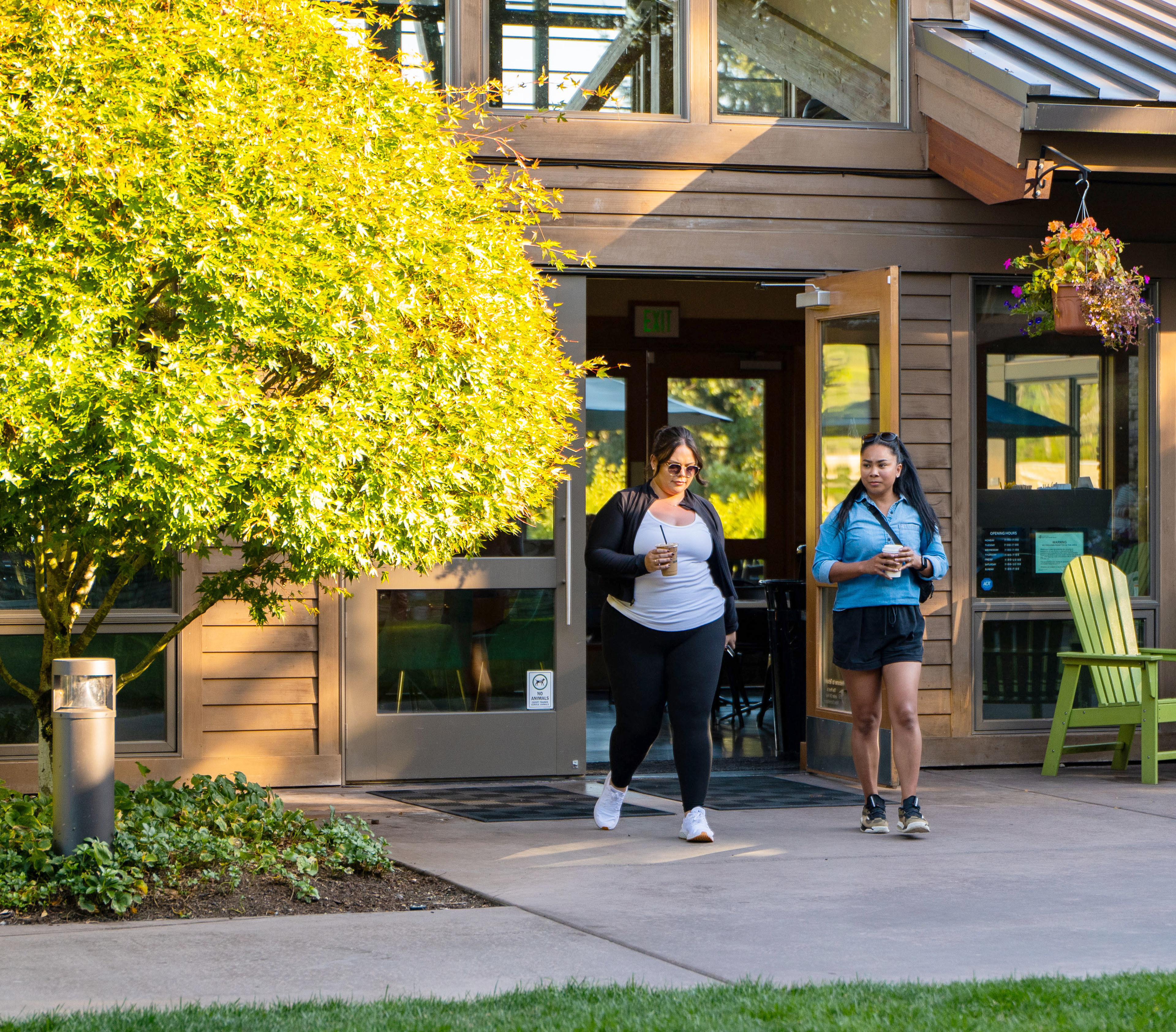 Two people, a woman and a man, are walking out of a building with a wooden exterior and green chairs in the foreground. The background features a lush, yellow-leafed tree and a grassy area.
