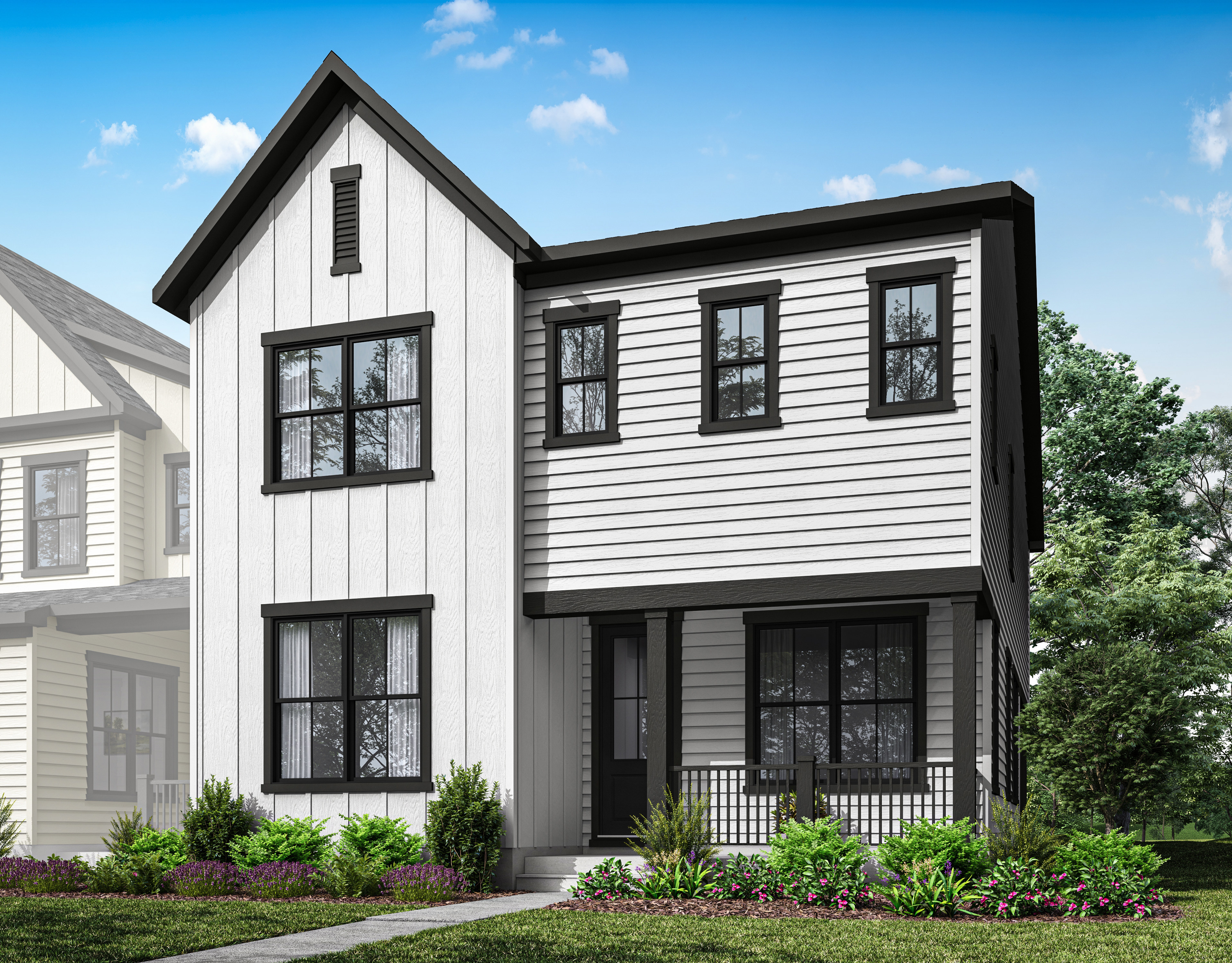 A two-story modern farmhouse-style home with white siding, black trim, and a gabled roof, surrounded by lush greenery and a clear blue sky.