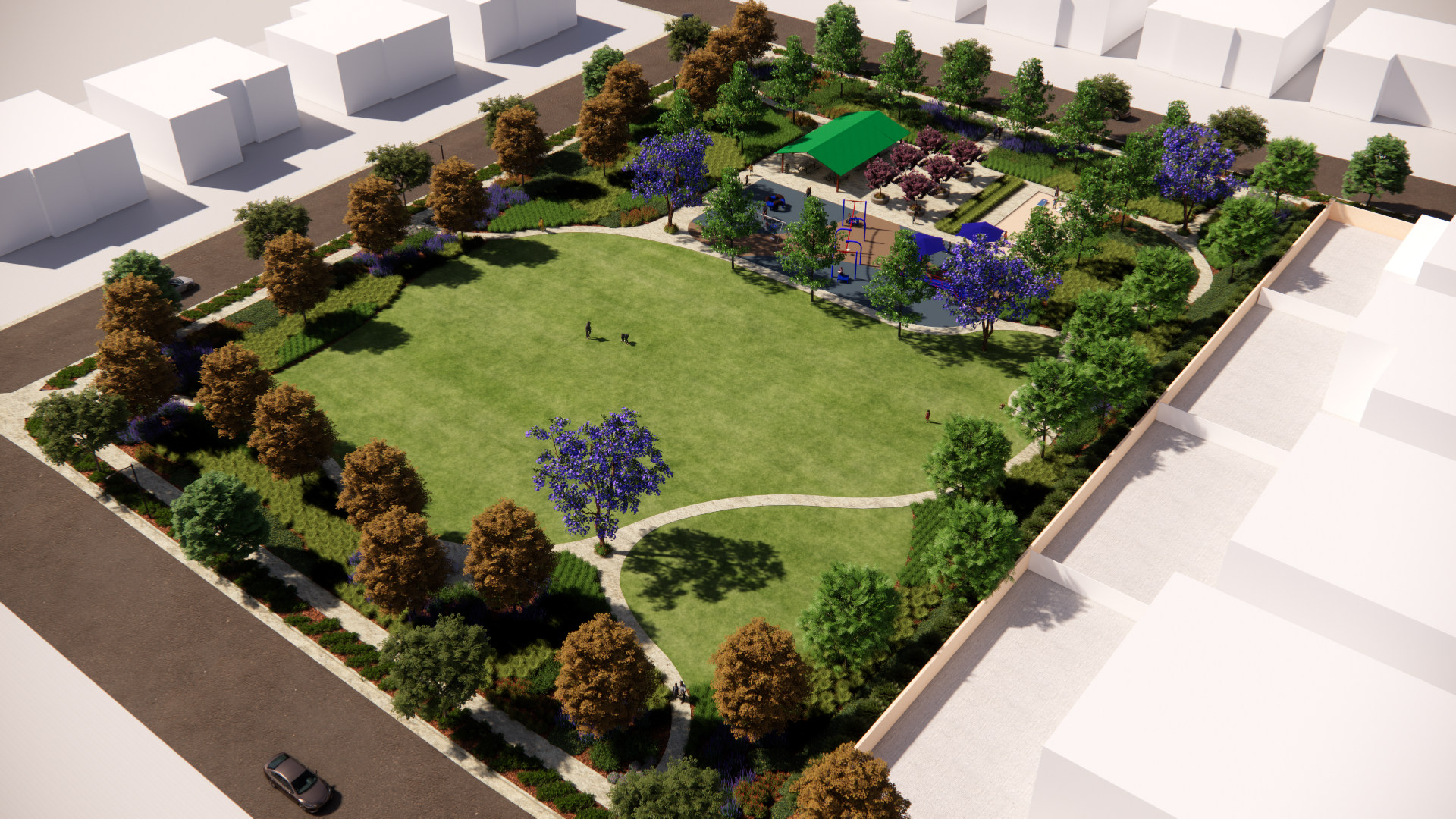 A miniature model of a lush, landscaped garden with a central lawn, winding paths, and various trees and shrubs, surrounded by tall white buildings in the background.