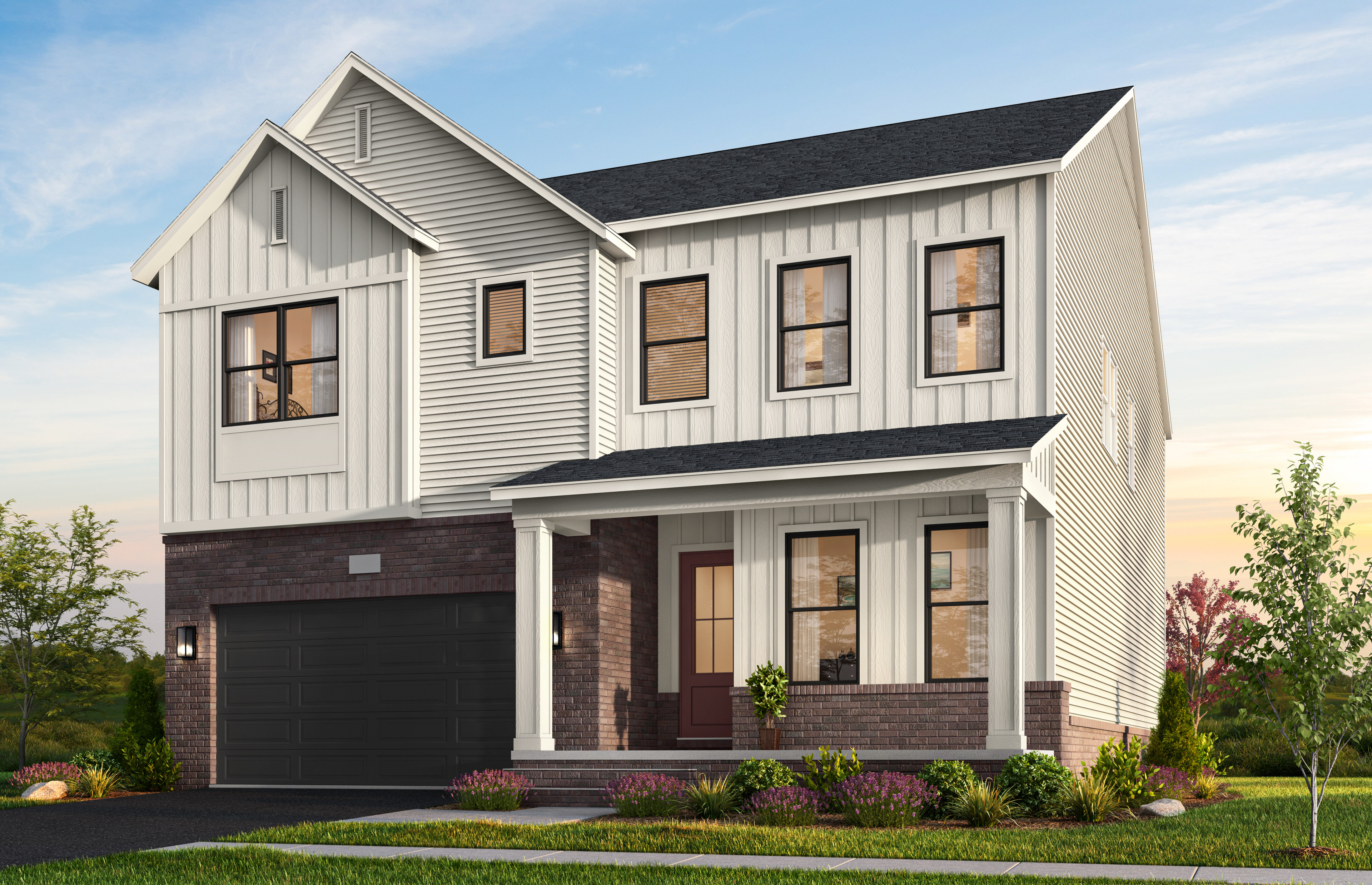 A two-story residential house with a garage, surrounded by landscaped greenery and a clear sky in the background.