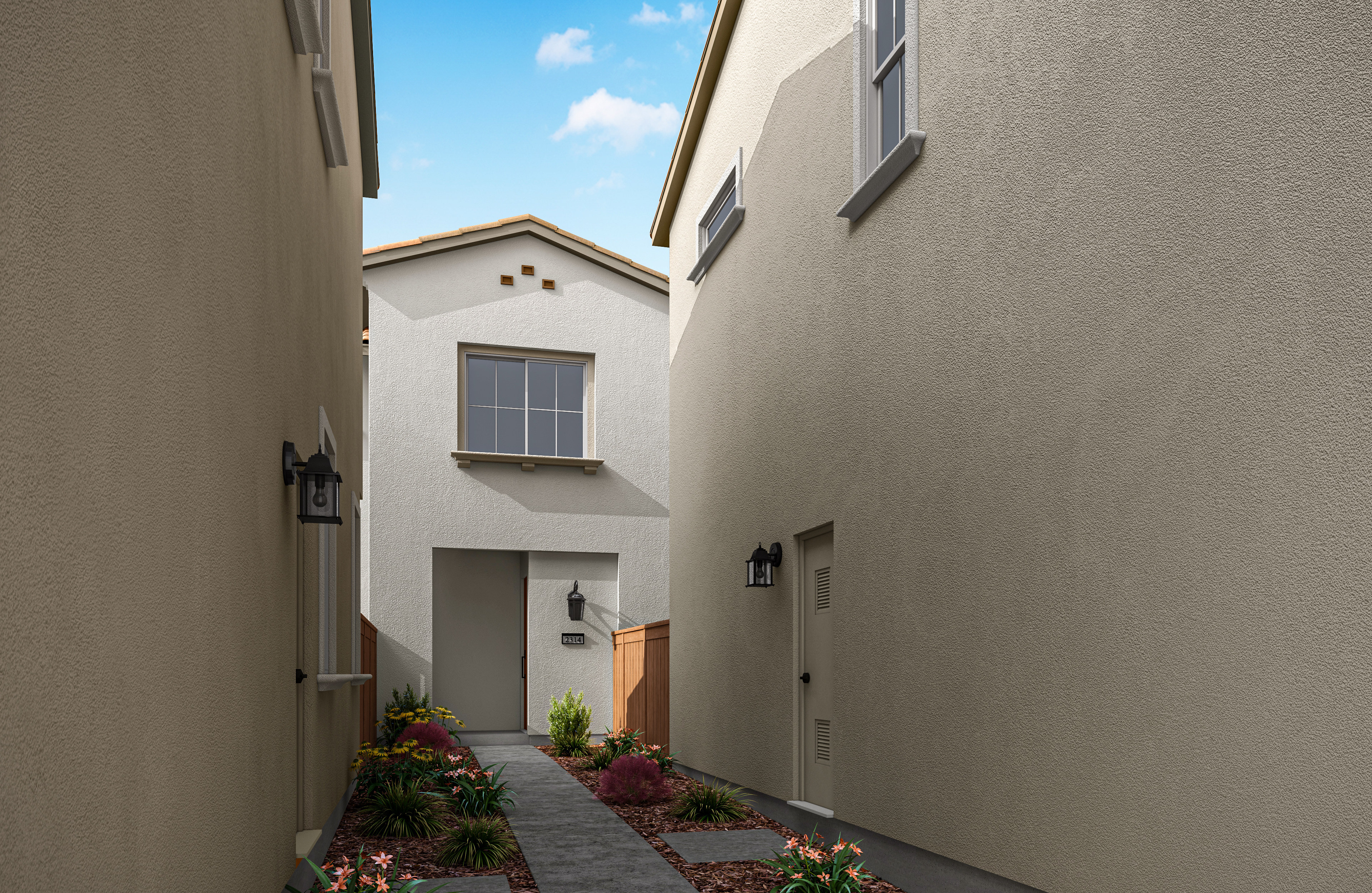 A narrow alleyway with a paved walkway, surrounded by beige-colored buildings with windows and a blue sky with clouds in the background.