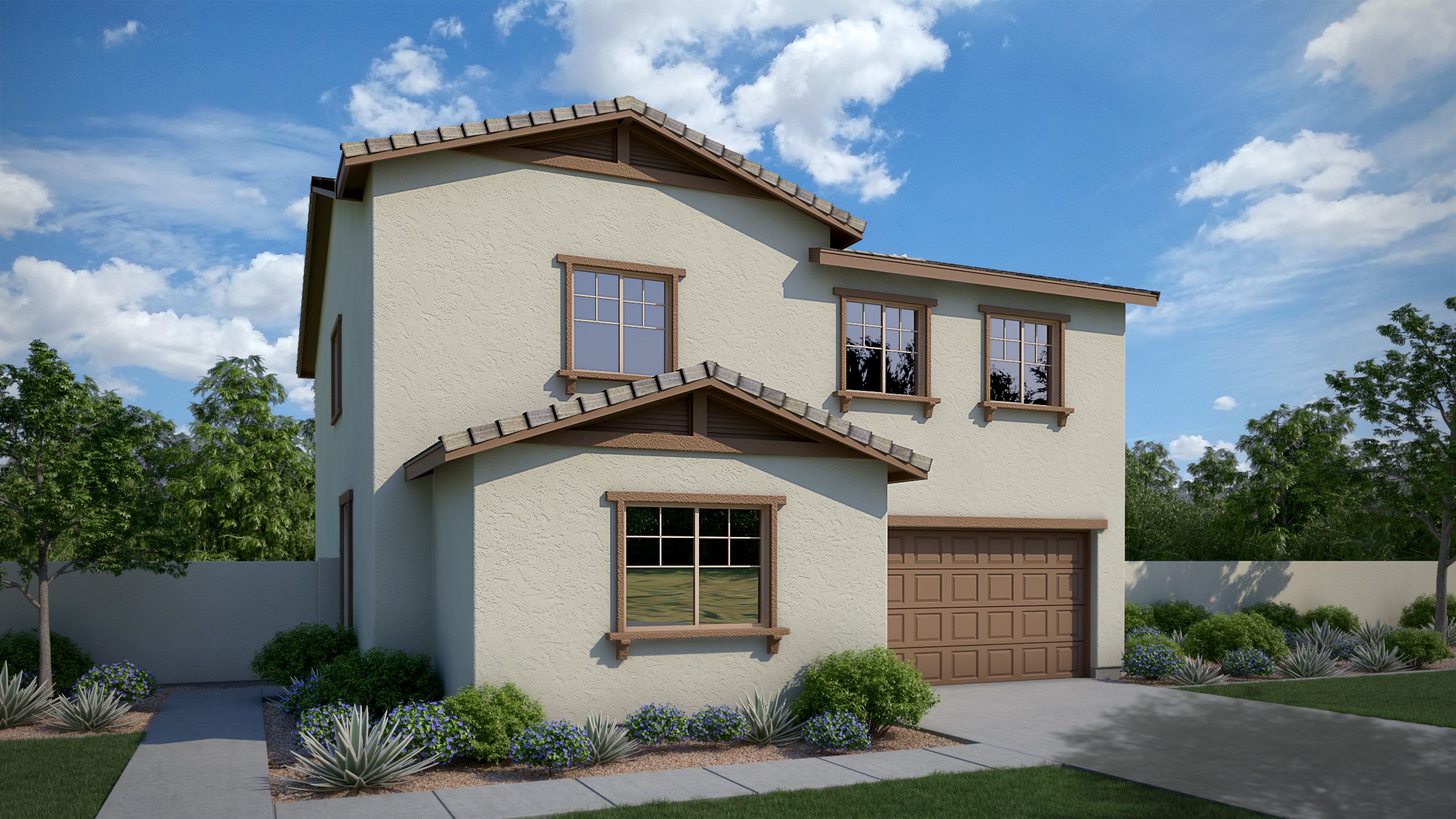 A two-story beige house with a wooden roof, surrounded by lush greenery and a clear blue sky with fluffy clouds.