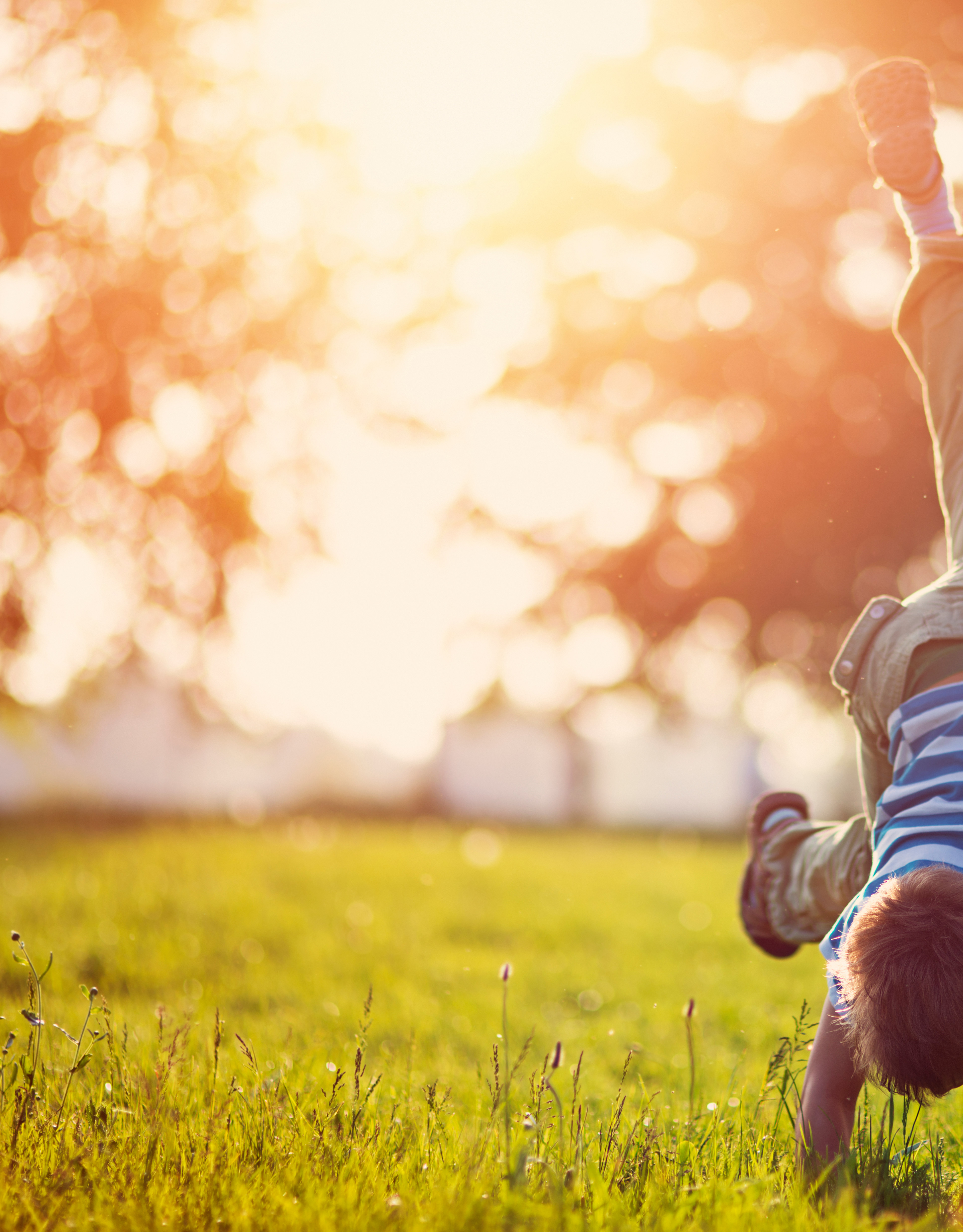 A person in striped clothing is performing a handstand on a grassy field, with a blurred background of trees and sunlight filtering through.