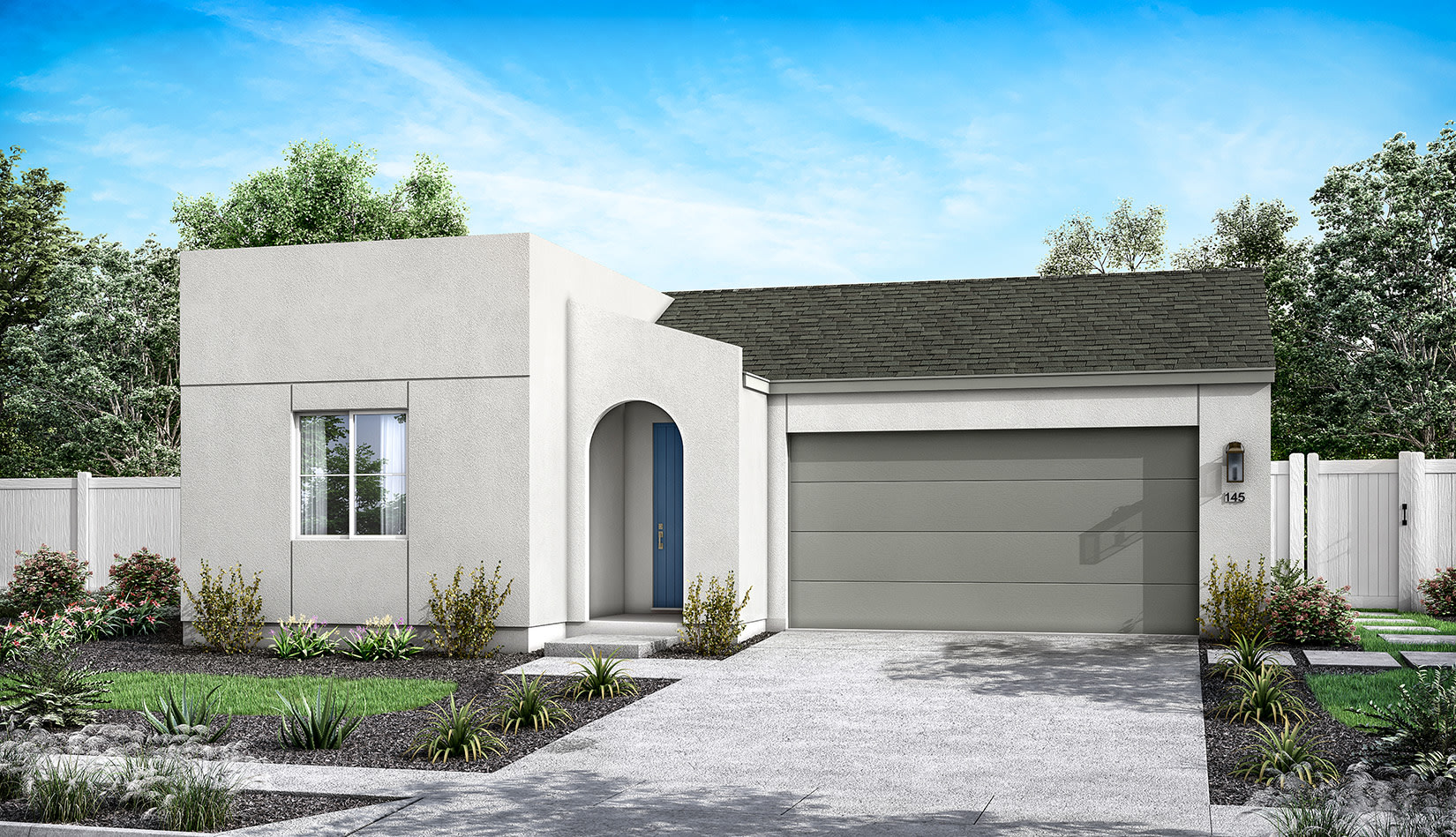 A modern, single-story house with a gray exterior, a garage door, and a blue front door, surrounded by lush greenery and a paved walkway leading to the entrance.