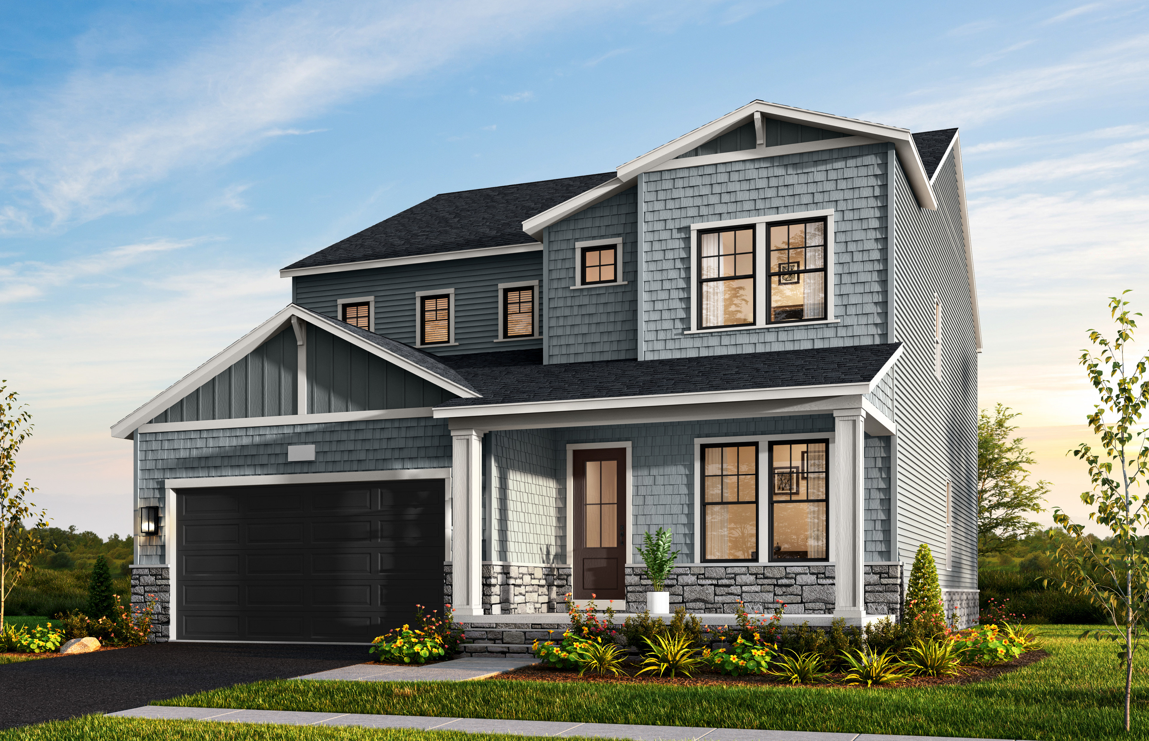 A two-story gray house with a garage, surrounded by a well-manicured lawn and landscaping, stands against a backdrop of a blue sky with wispy clouds.