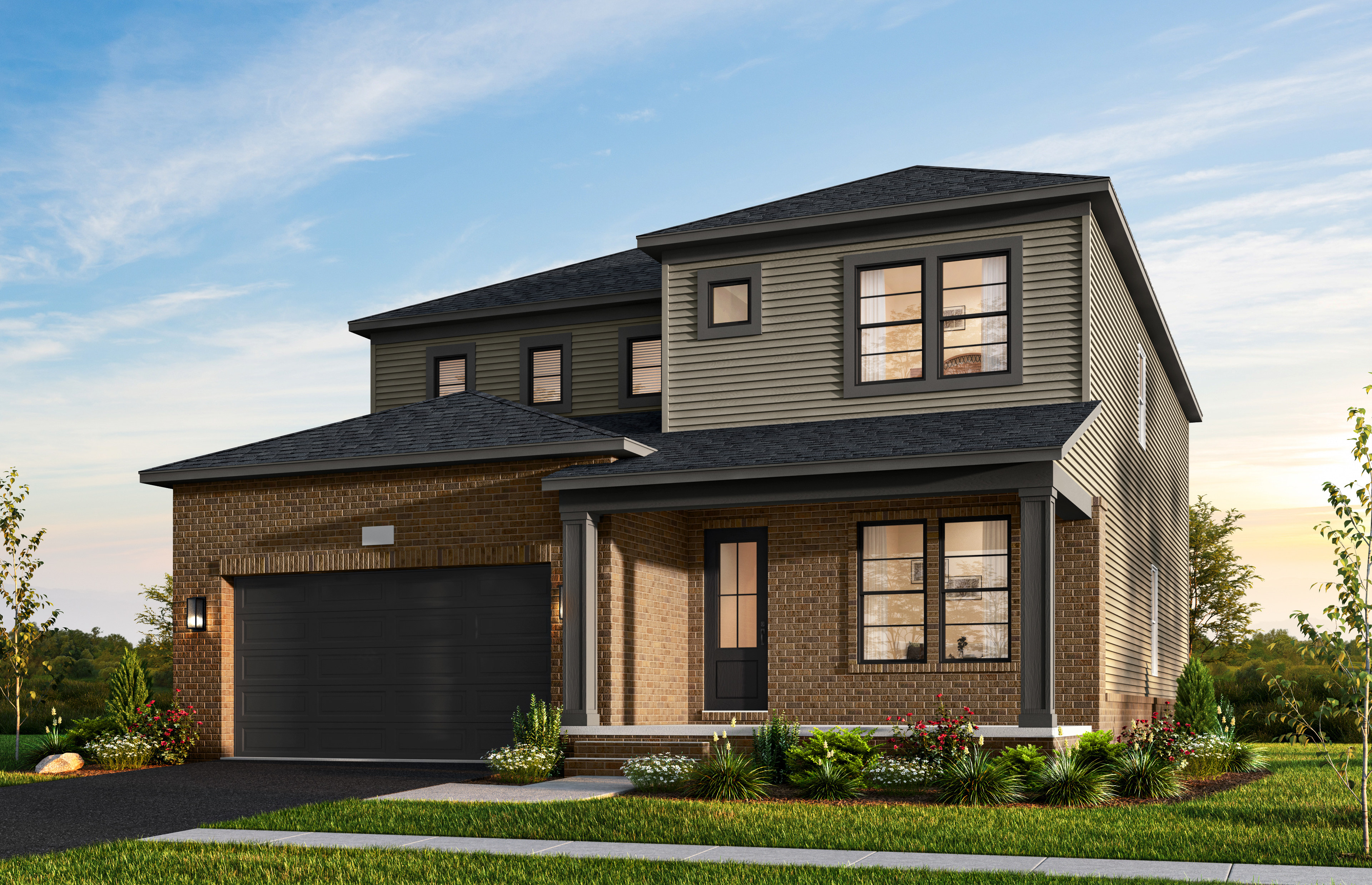 A two-story residential house with a garage, surrounded by a well-manicured lawn and landscaping, set against a backdrop of a clear blue sky with wispy clouds.