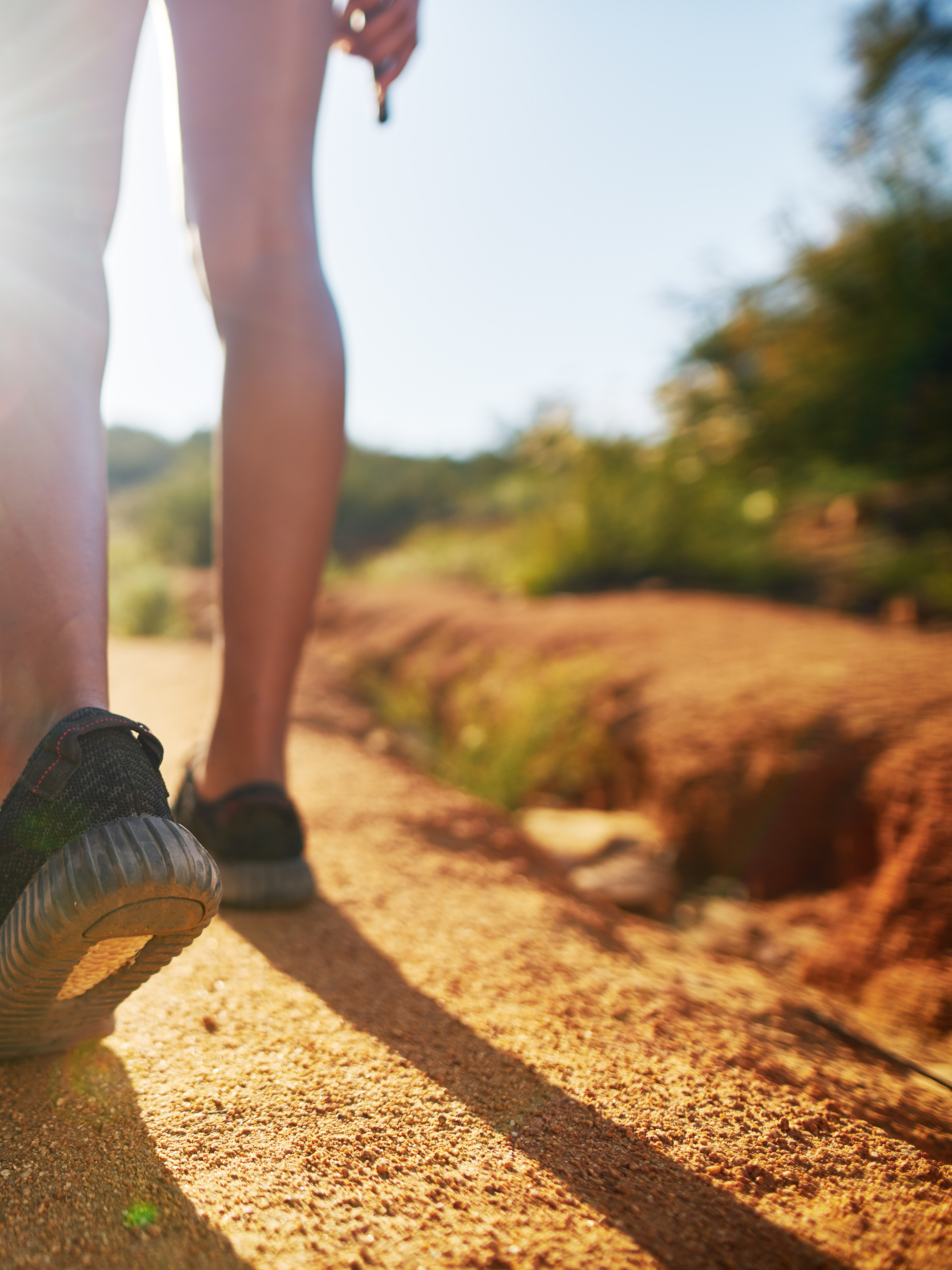 A person's legs and feet are walking on a dirt path surrounded by lush vegetation and a bright, sunny sky.