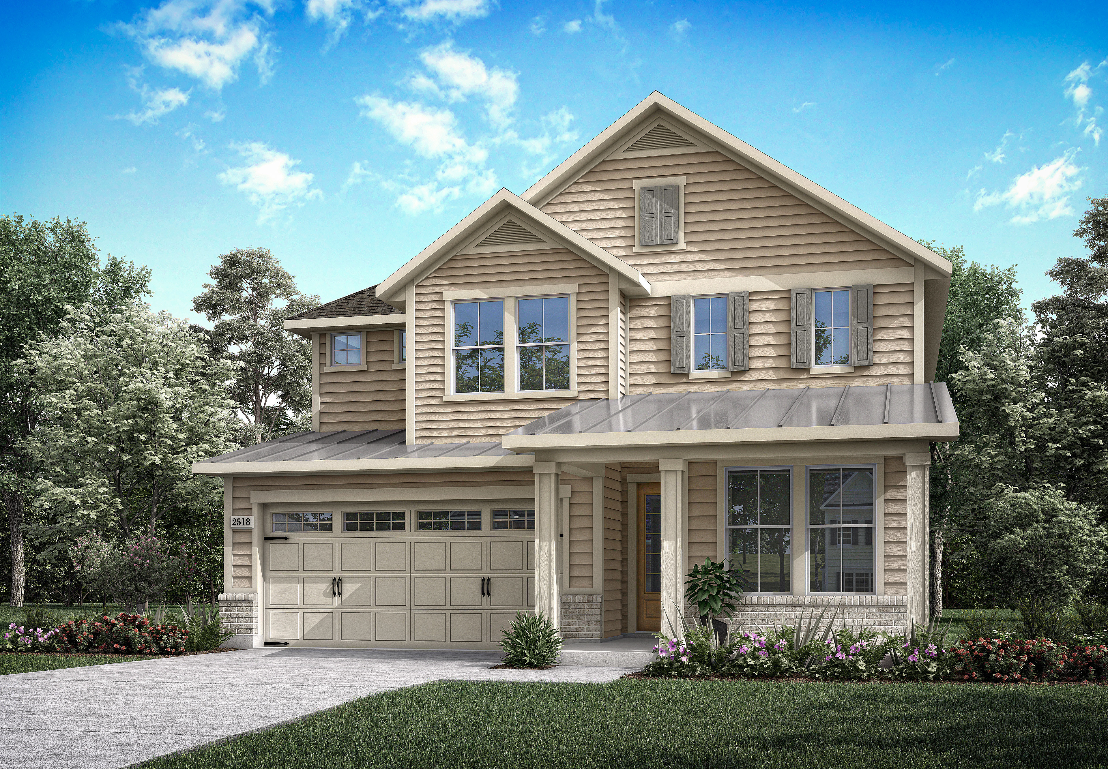 A two-story beige house with a gabled roof, surrounded by lush greenery and a clear blue sky with fluffy clouds.