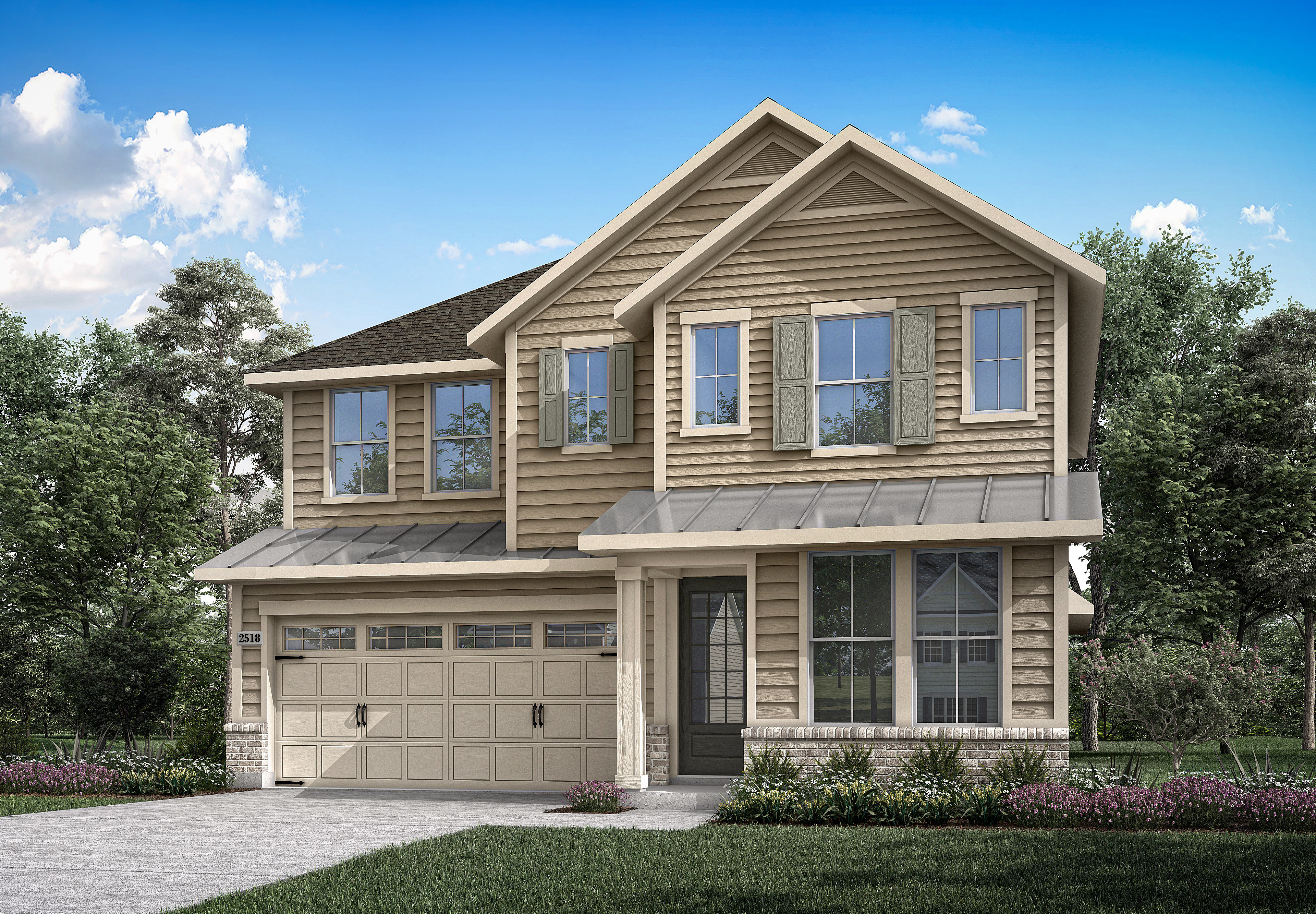 A two-story house with a garage, surrounded by trees and landscaping, set against a blue sky with fluffy white clouds.