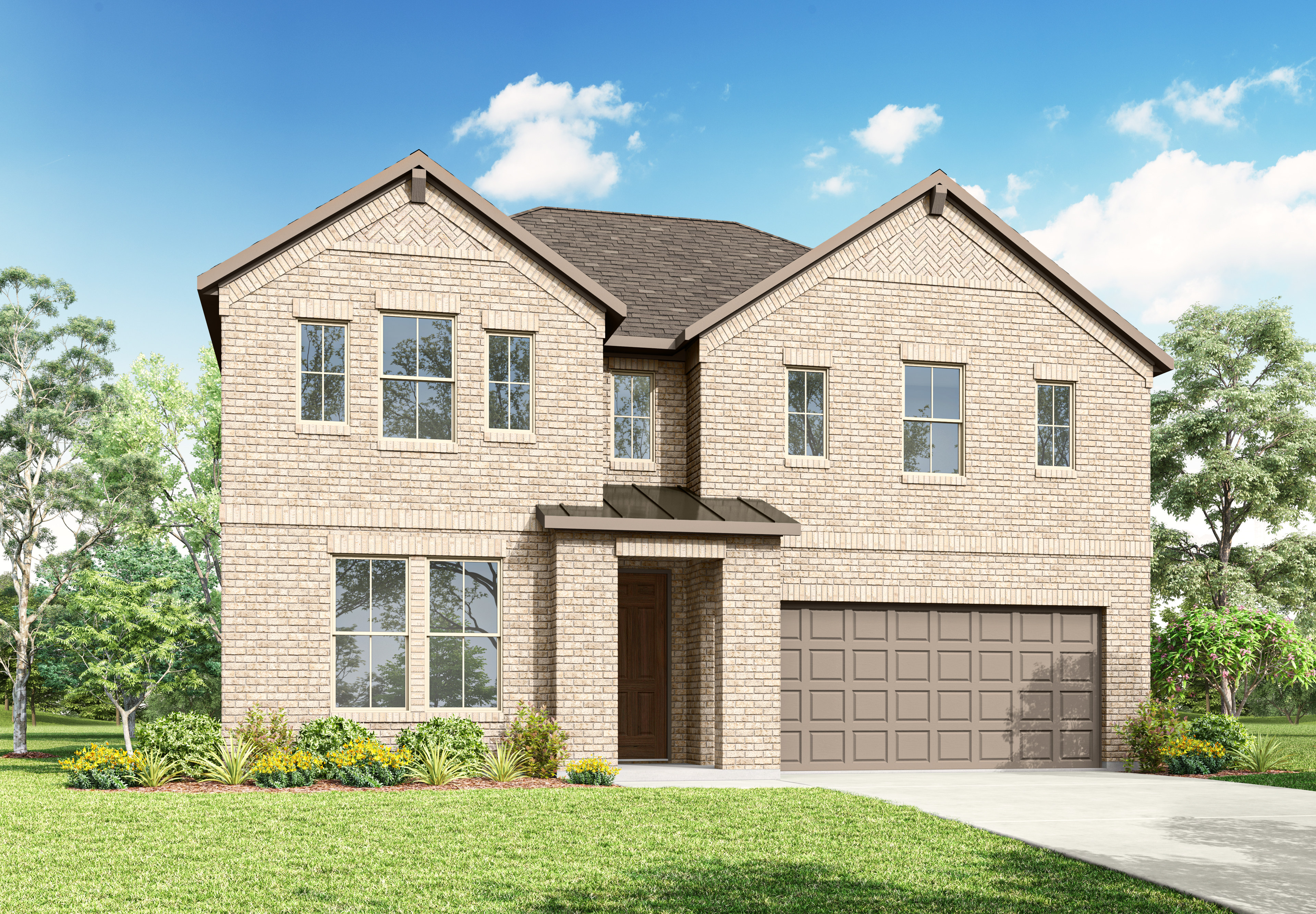 A two-story residential house with a garage, surrounded by lush greenery and a clear blue sky with fluffy white clouds.