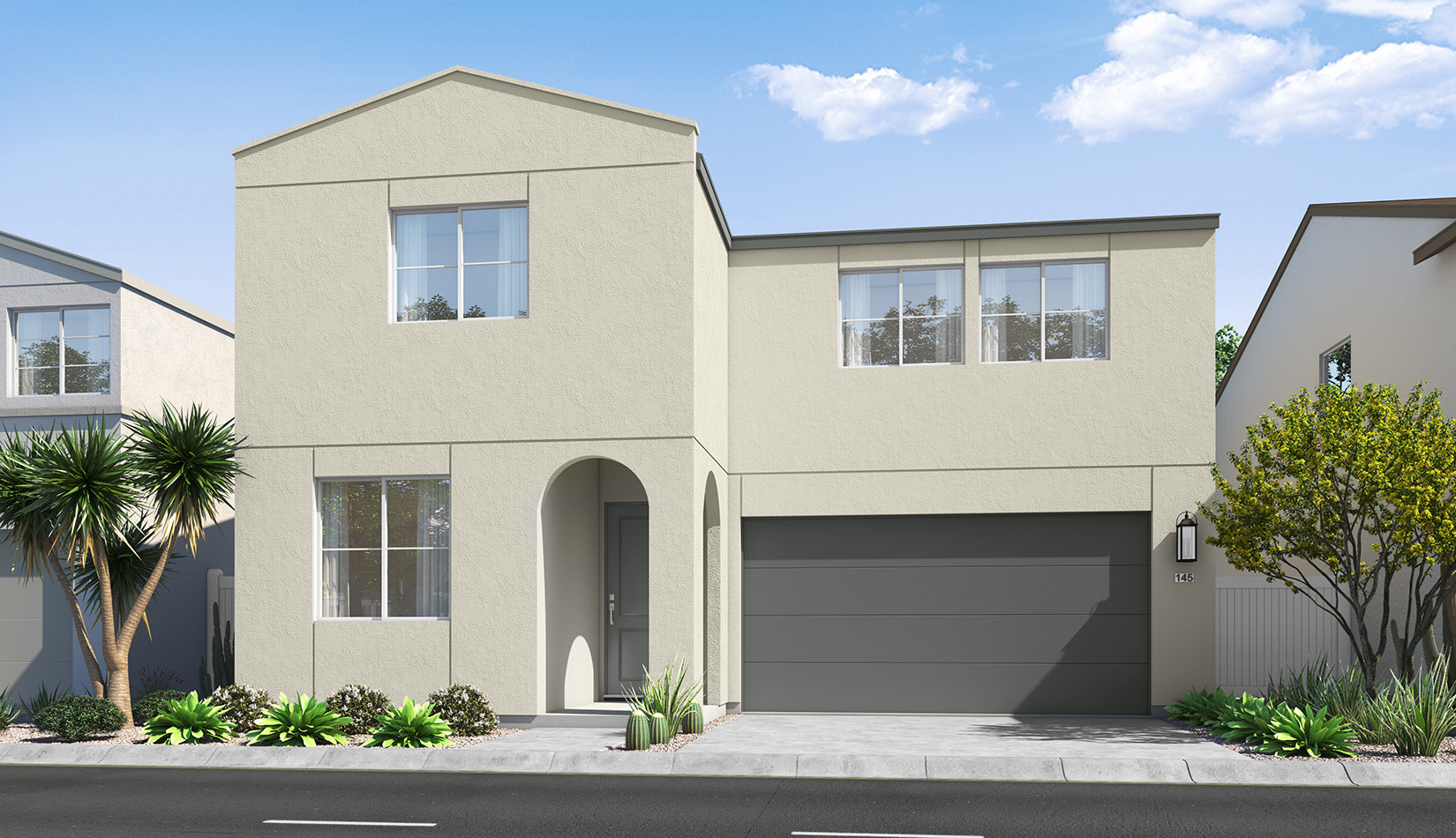 A modern two-story beige house with a garage door, surrounded by lush greenery and a clear blue sky with fluffy clouds.