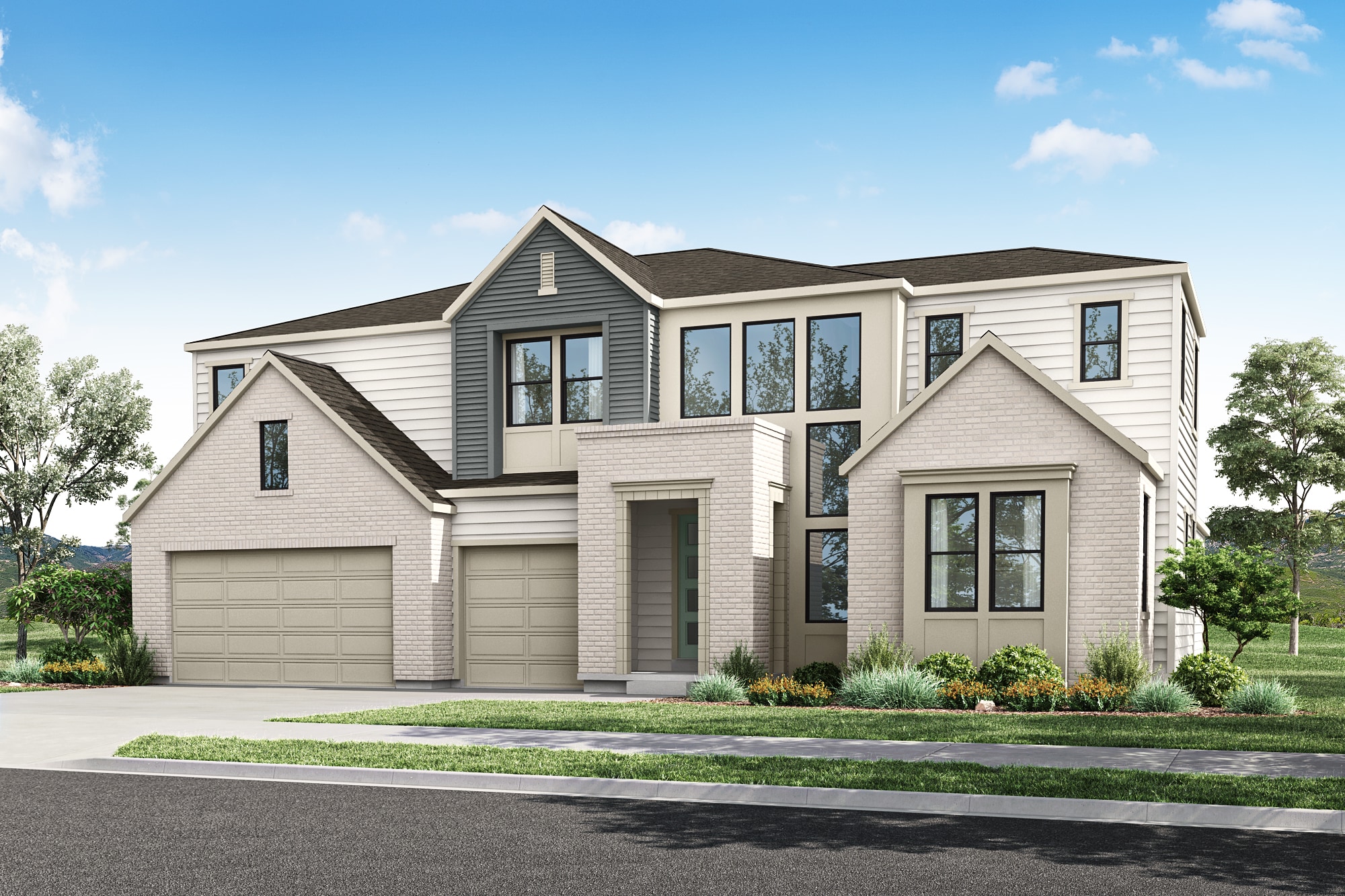A two-story residential house with a garage, surrounded by a well-manicured lawn and lush greenery, set against a clear blue sky with fluffy white clouds.