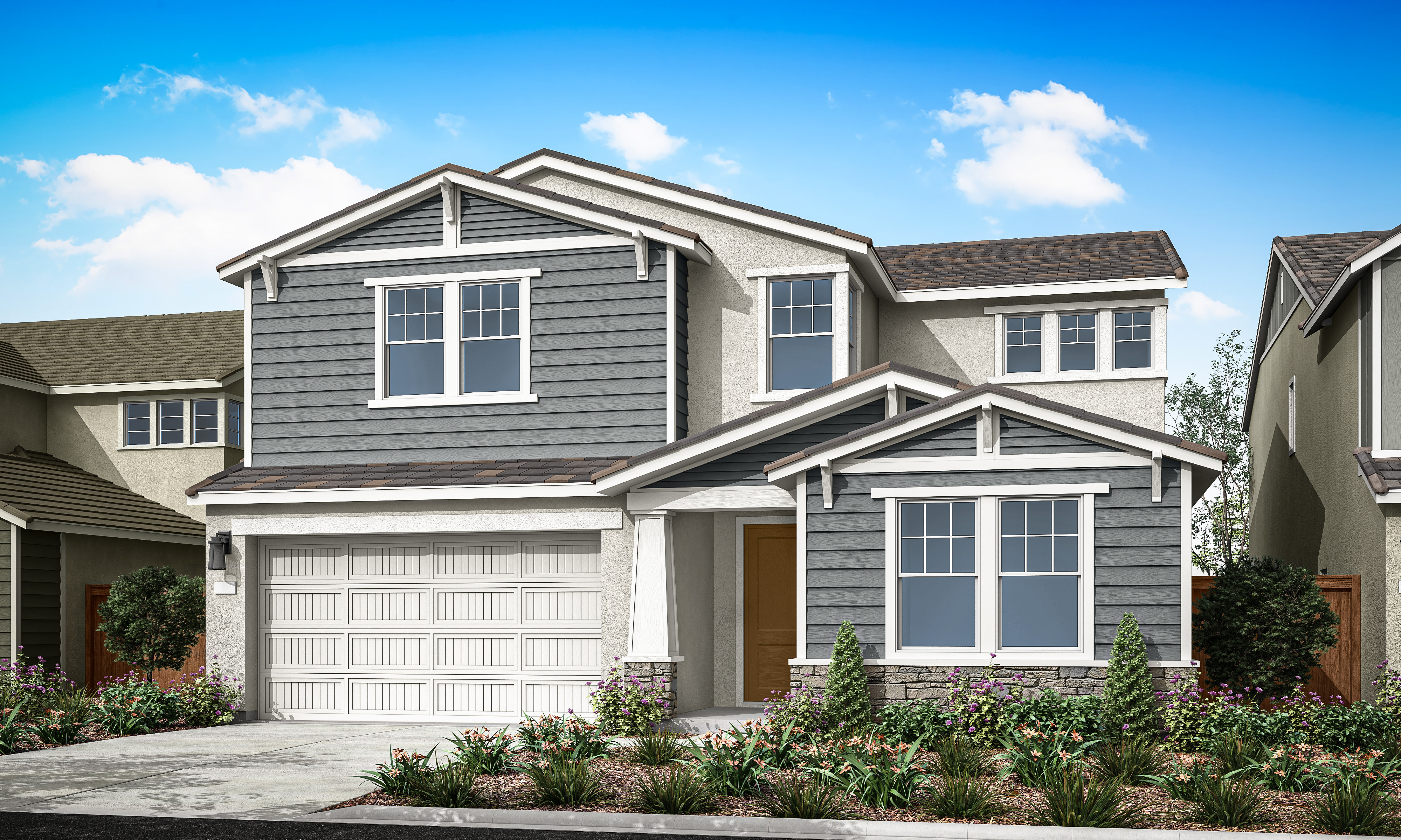 A two-story gray house with a garage, surrounded by landscaped gardens and a clear blue sky with fluffy white clouds.