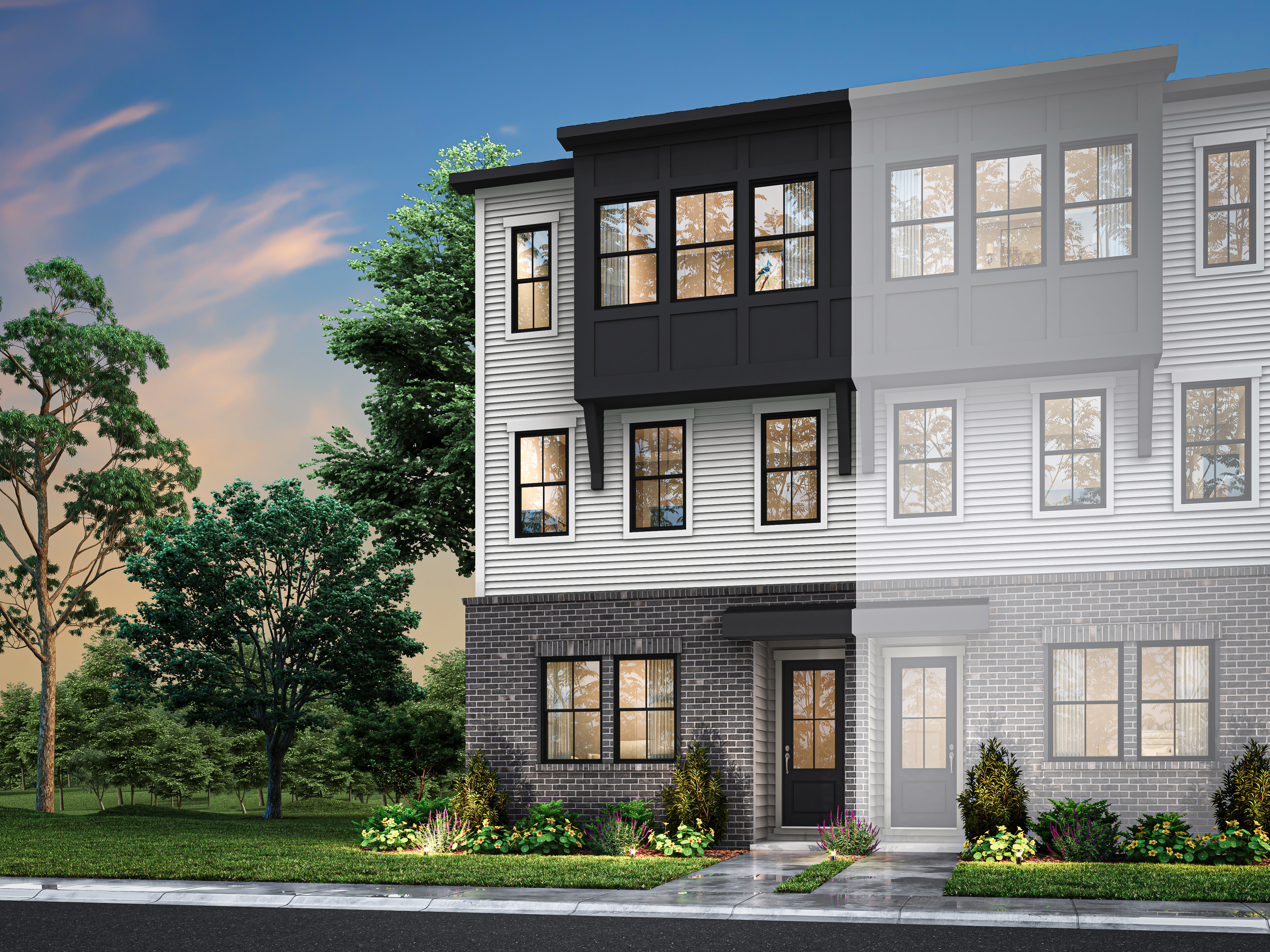 A modern multi-story townhouse with a brick facade, surrounded by lush greenery and a vibrant sky in the background.