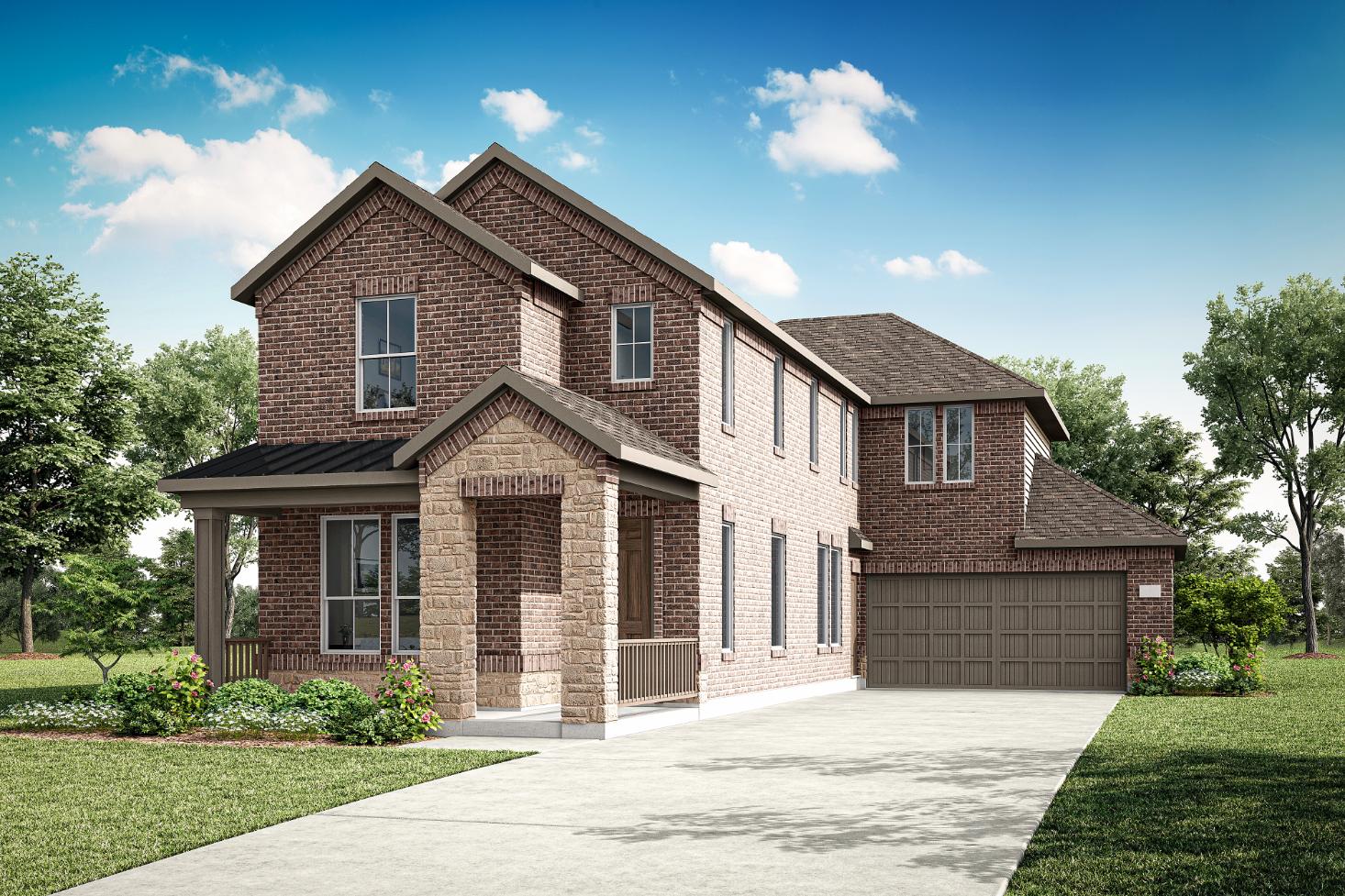 A two-story brick house with a garage, surrounded by lush greenery and a clear blue sky with fluffy white clouds.
