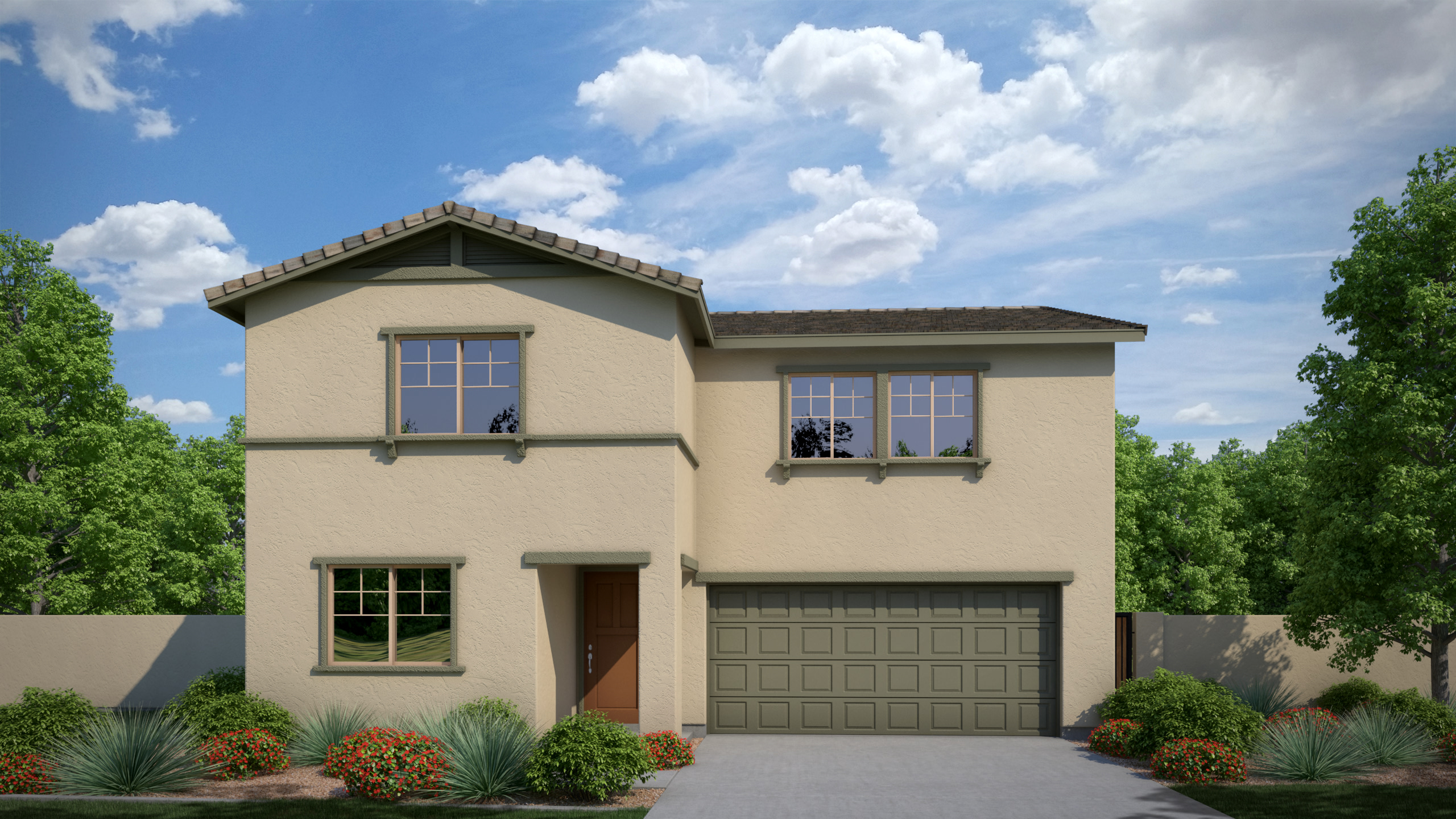 A two-story beige house with a garage door, surrounded by lush greenery and set against a blue sky with fluffy white clouds.