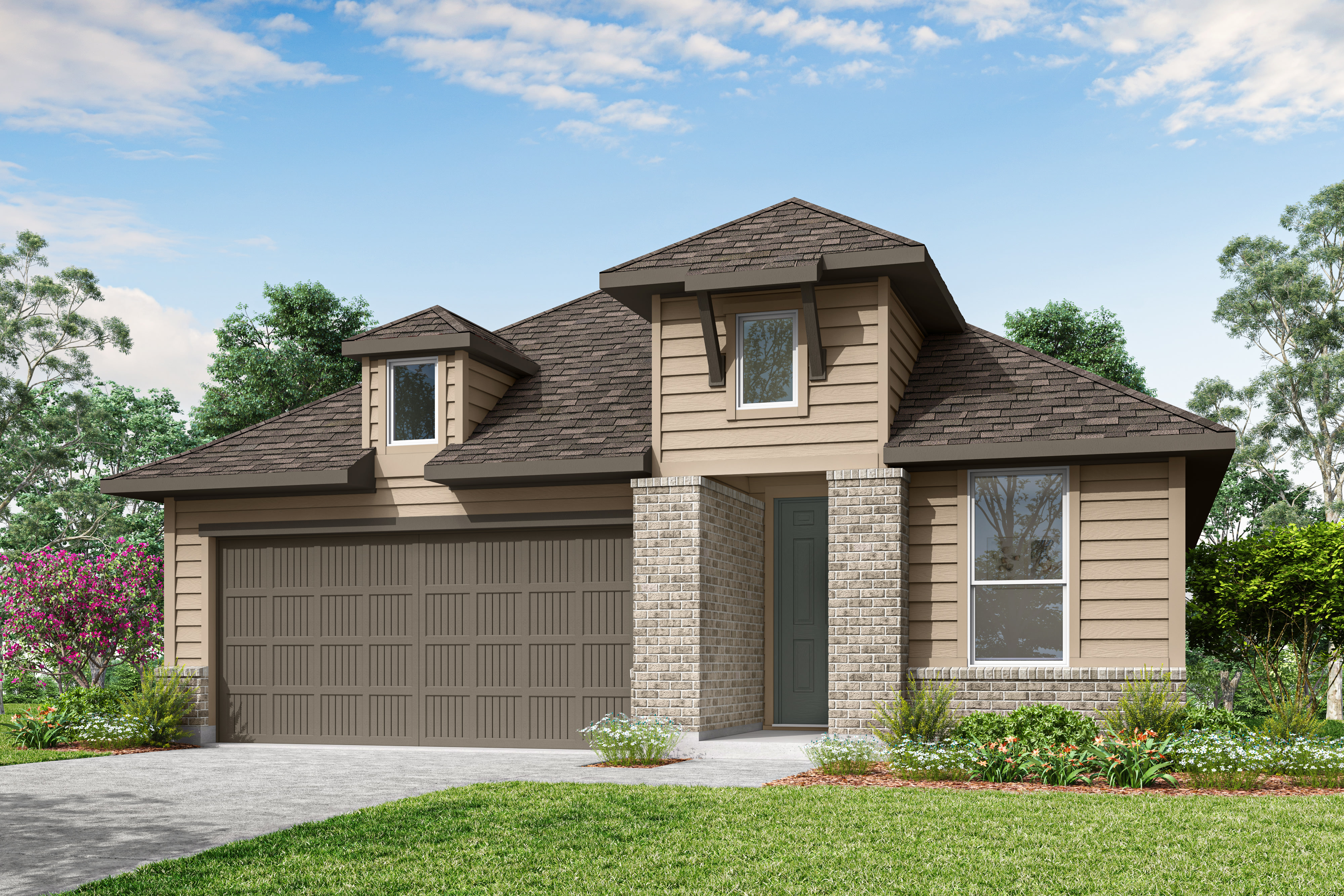 A two-story residential house with a garage, surrounded by lush greenery and a clear blue sky with scattered clouds.