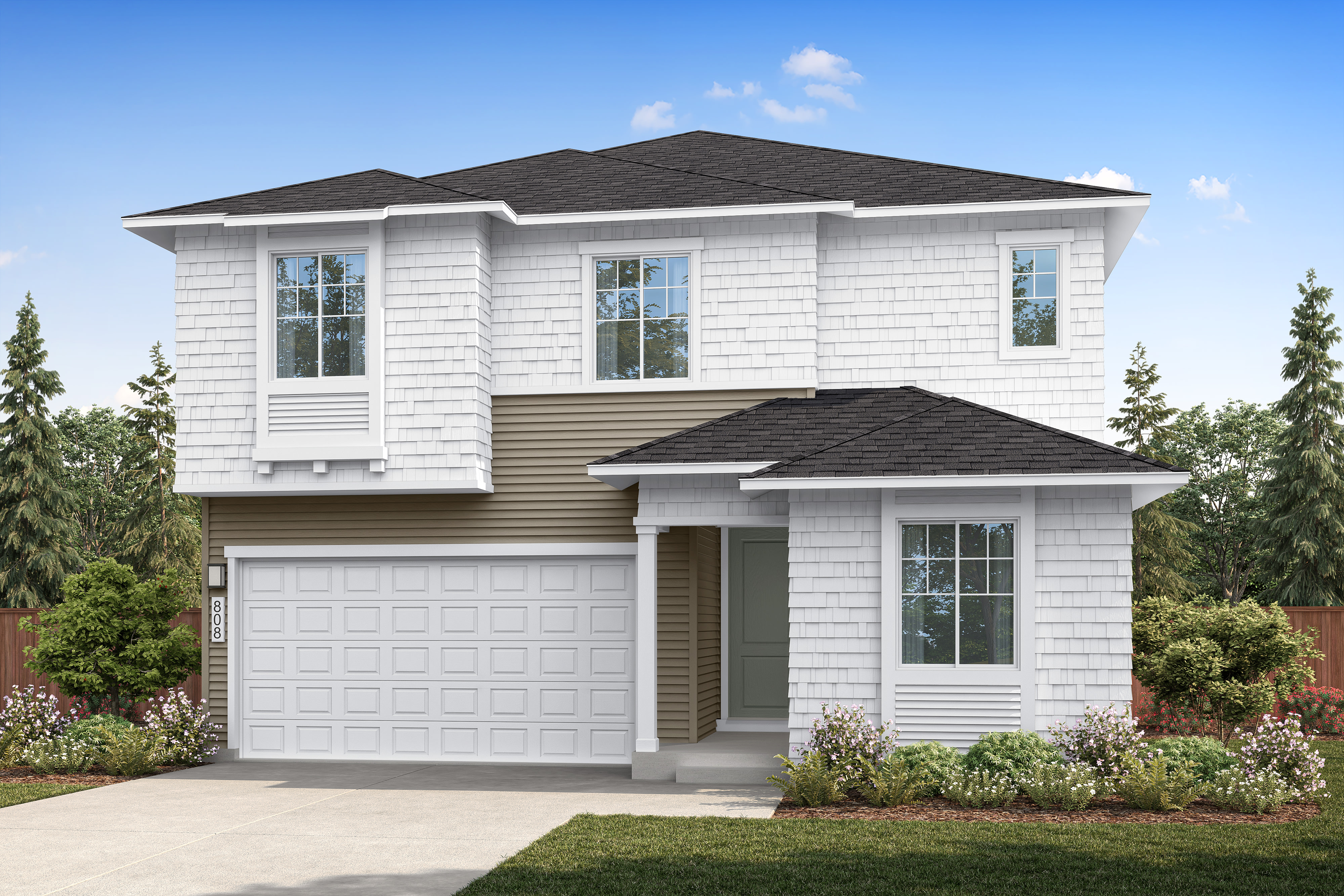 A modern two-story house with a white and tan exterior and a two-car garage sits in front of a backdrop of trees and a blue sky.