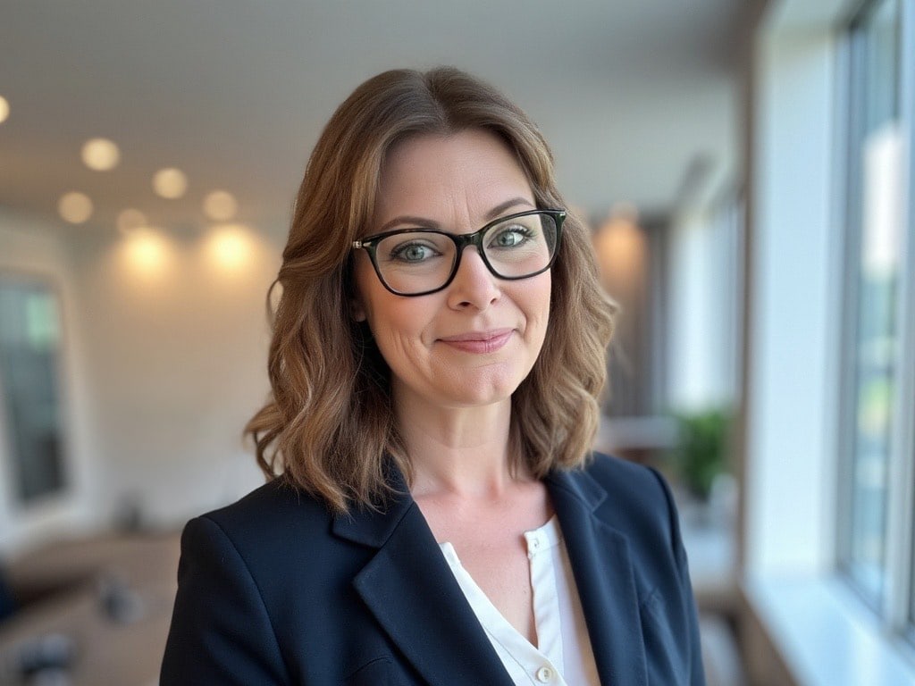 A woman with wavy brown hair and glasses, wearing a black blazer, is smiling in a well-lit indoor setting.
