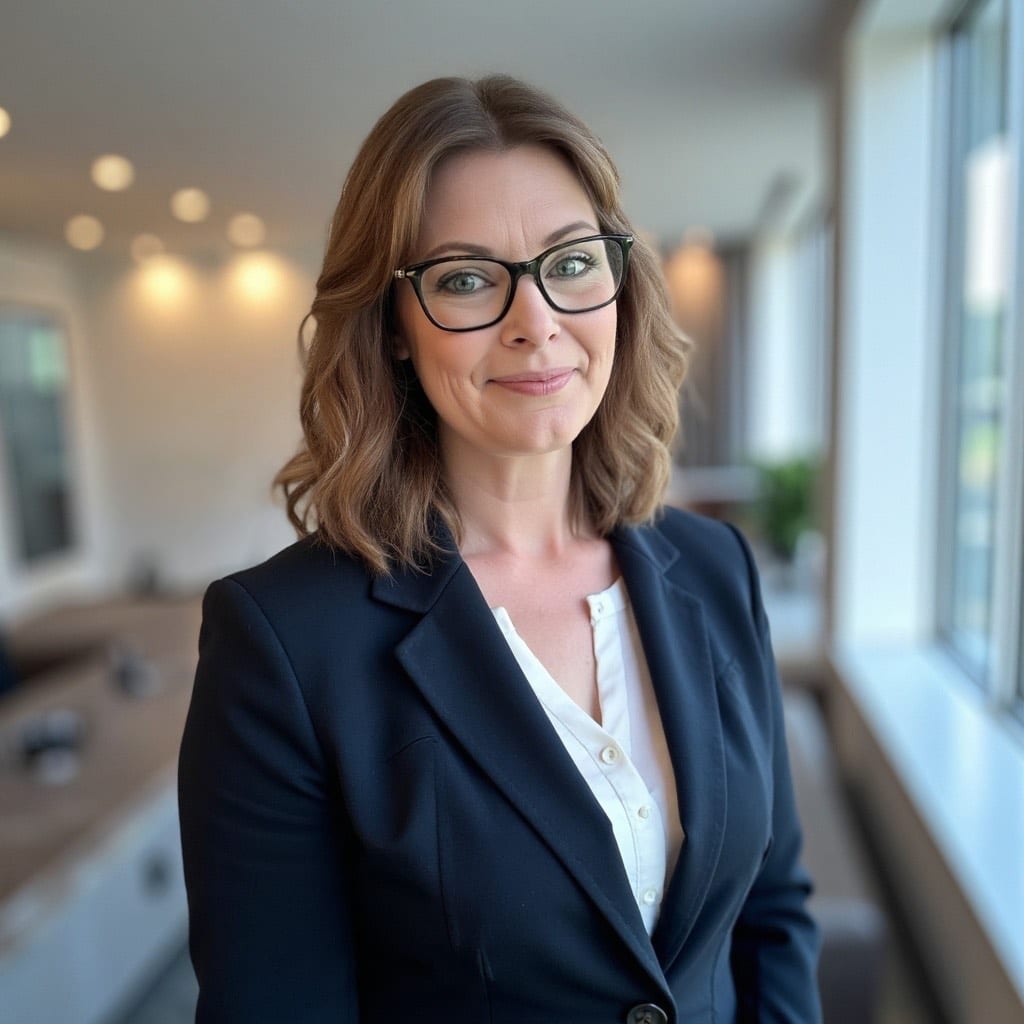A woman with wavy brown hair and glasses, wearing a black blazer, is smiling in a well-lit indoor setting.