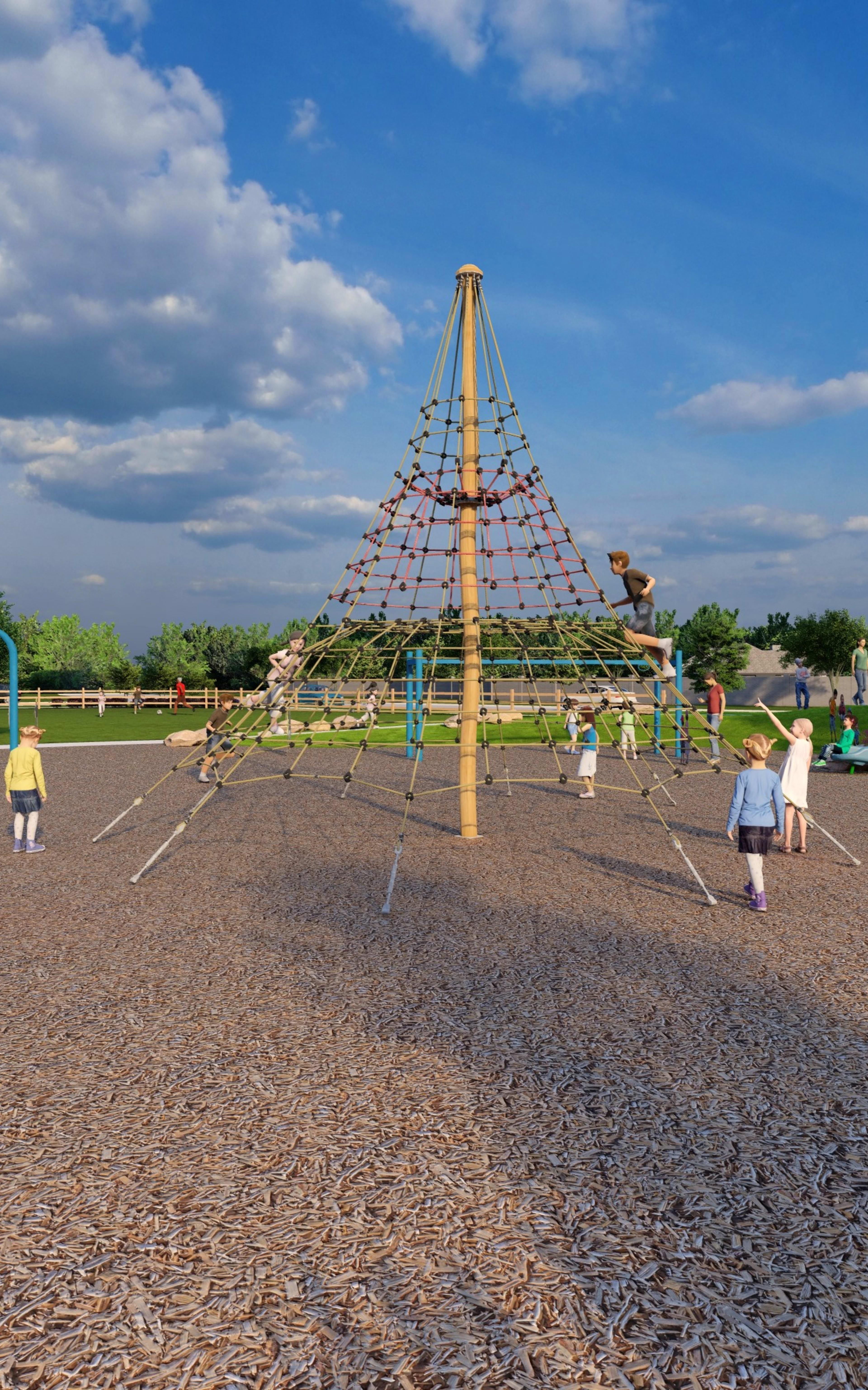A colorful and whimsical playground with a towering structure surrounded by lush greenery and a clear blue sky with fluffy clouds.