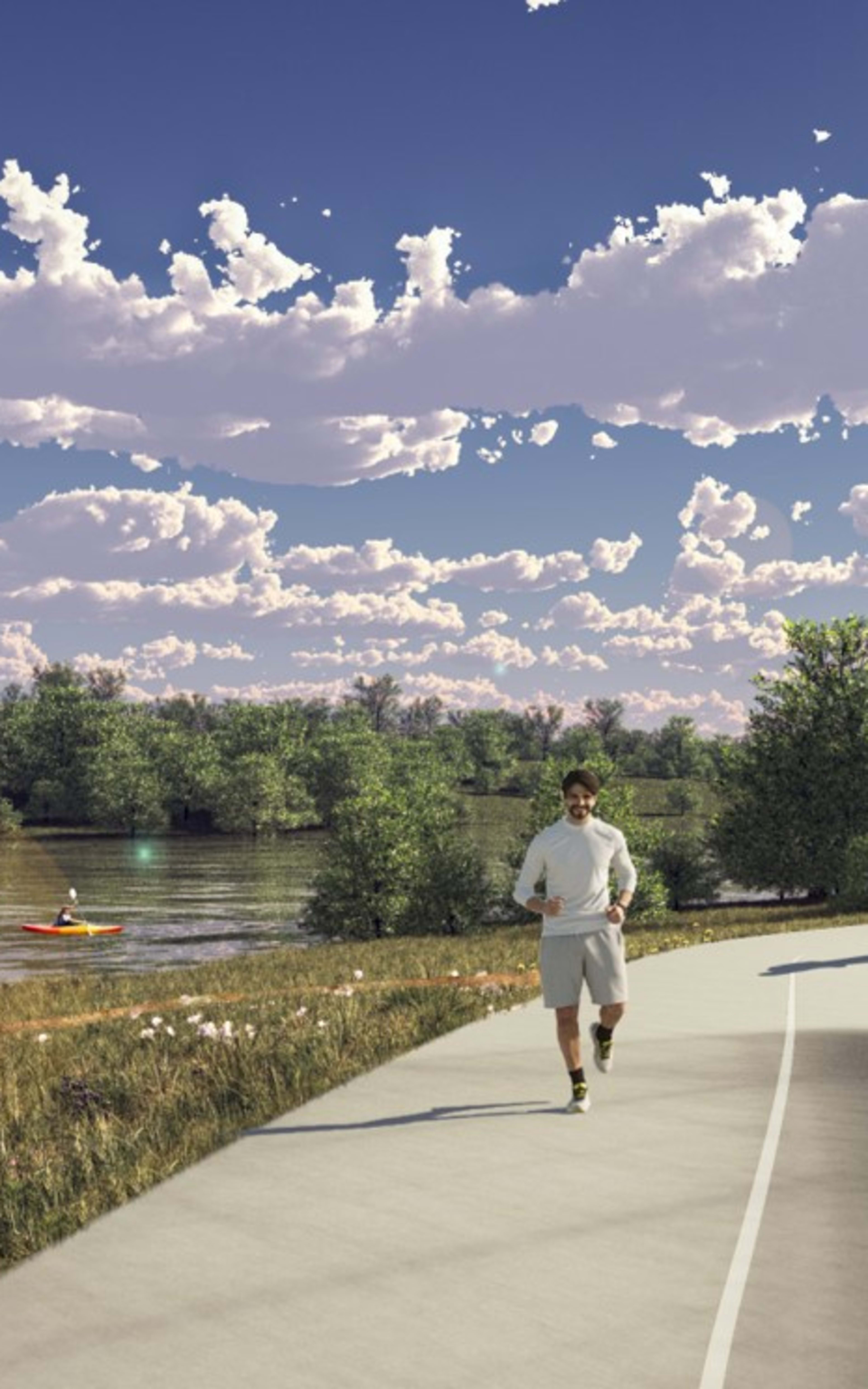 A scenic outdoor path runs along a river, with lush greenery and a cloudy sky in the background. A person can be seen walking on the path.