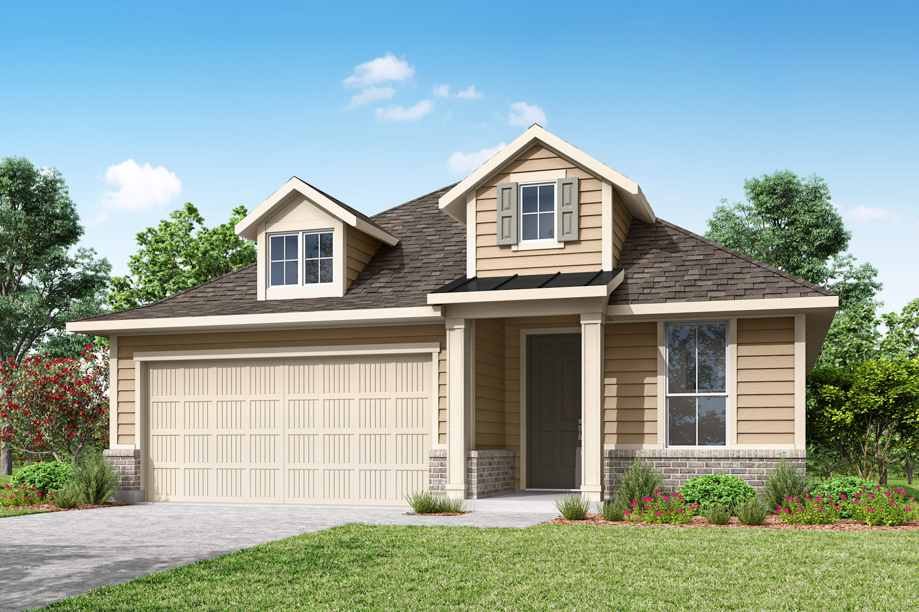 A two-story residential house with a garage, surrounded by lush greenery and a clear blue sky.