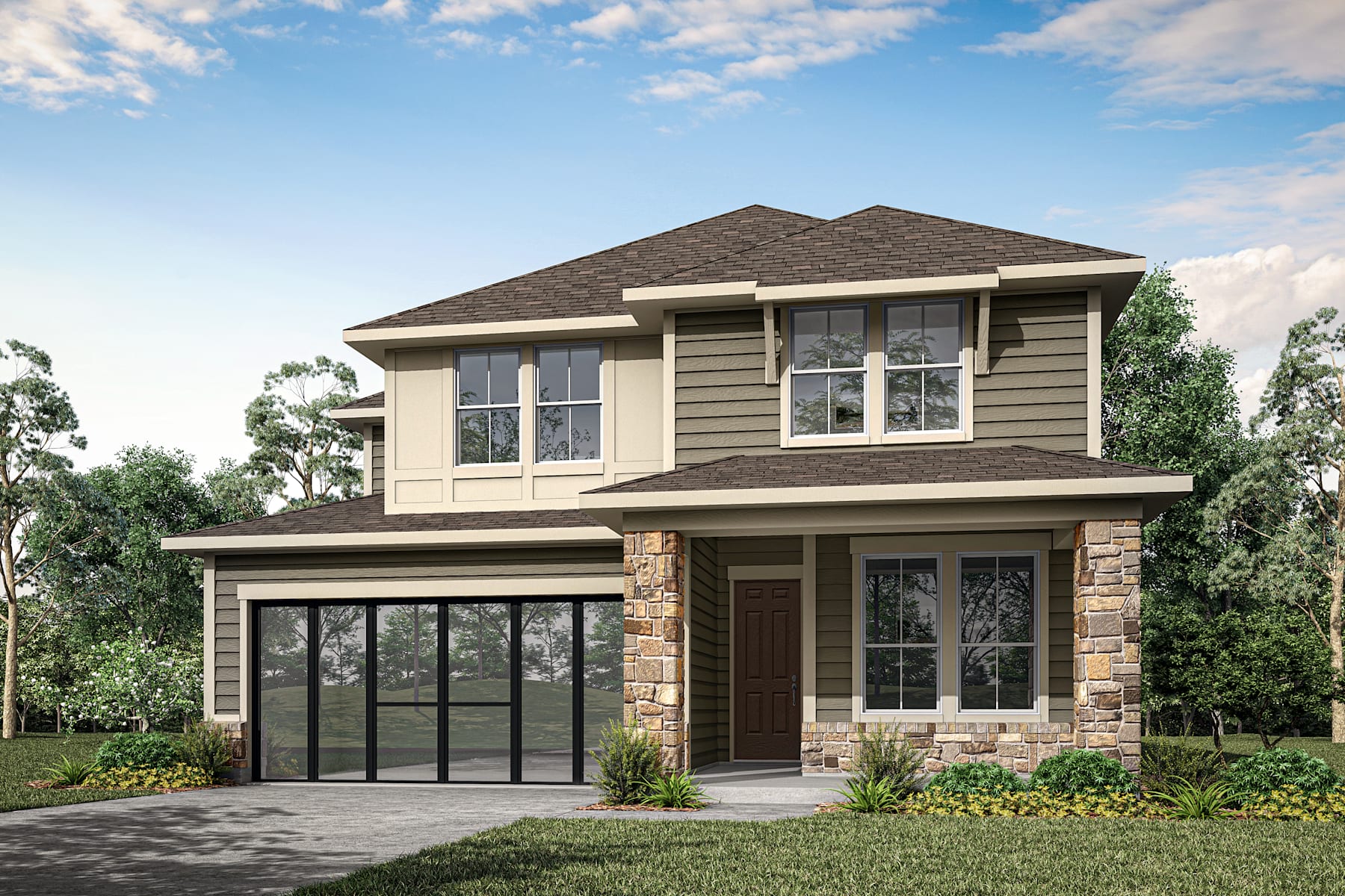 A two-story residential house with a stone exterior, a slanted roof, and a garage door in the foreground, surrounded by lush greenery and a clear blue sky in the background.