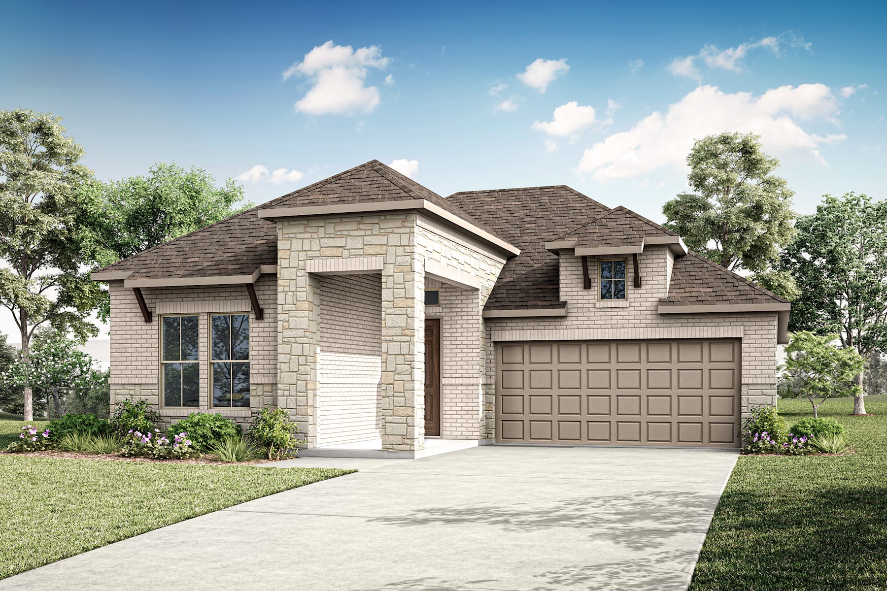 A two-story residential house with a garage, surrounded by lush greenery and a clear blue sky with fluffy white clouds.