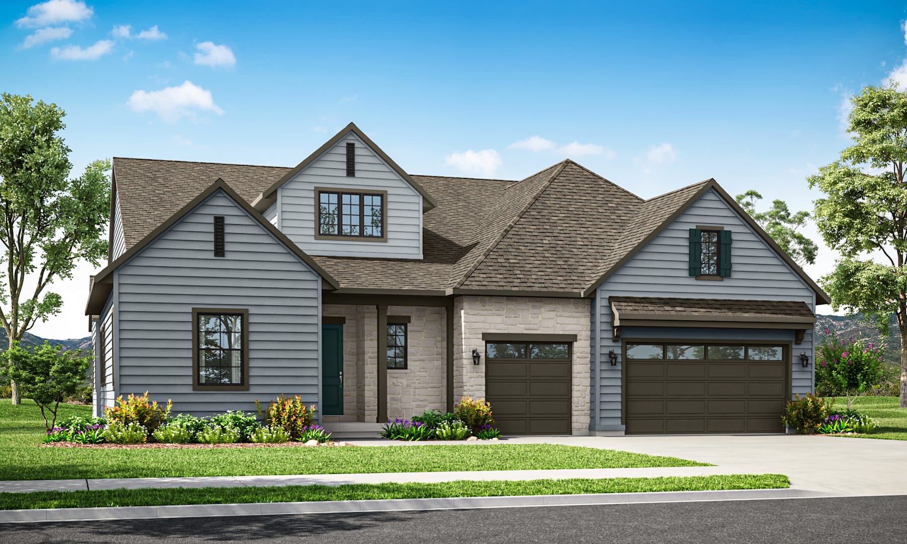 A two-story residential house with a gabled roof, gray siding, and a landscaped front yard set against a backdrop of blue sky and lush greenery.